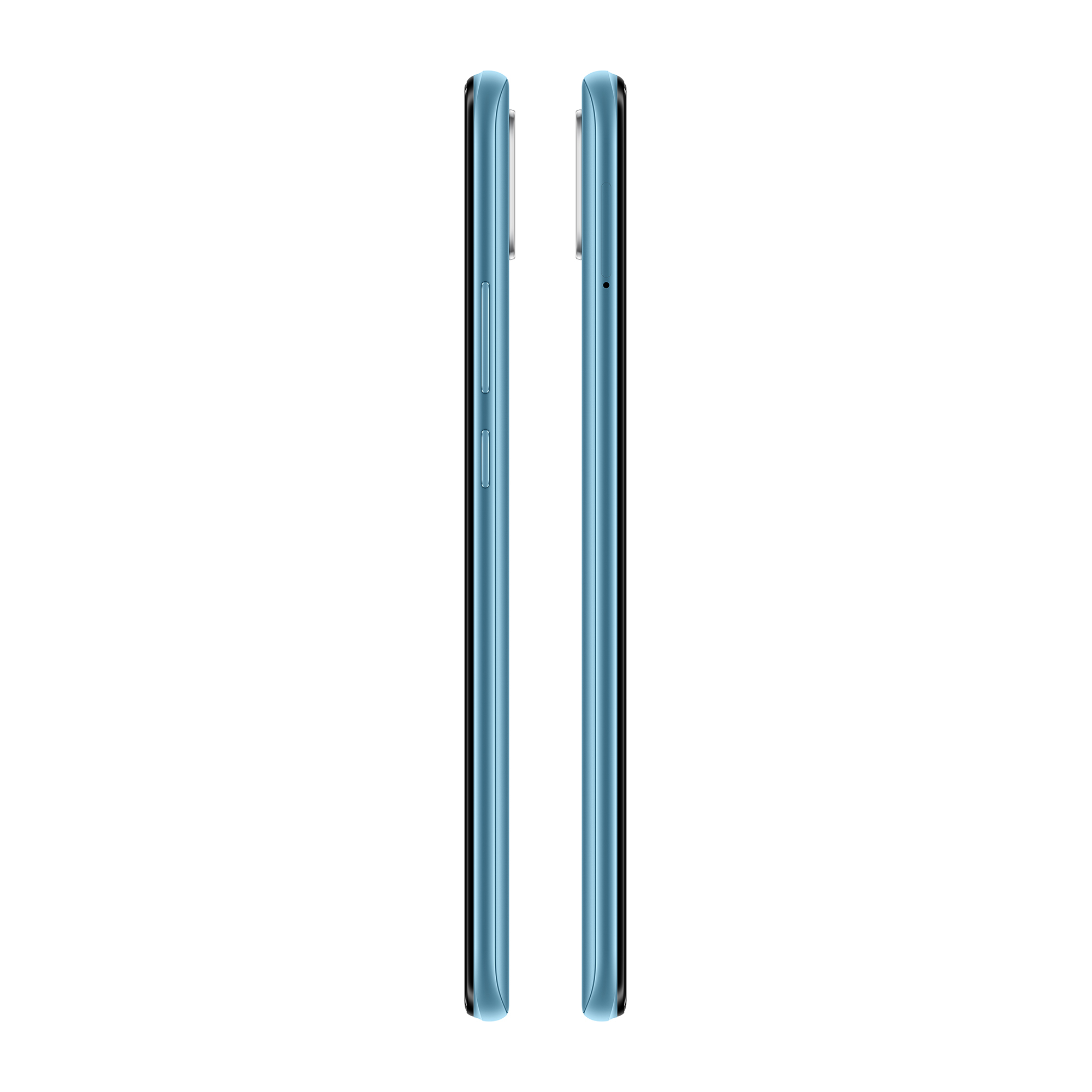 Due viste laterali di uno smartphone azzurro, che mostrano i pulsanti del volume e una cornice nera.