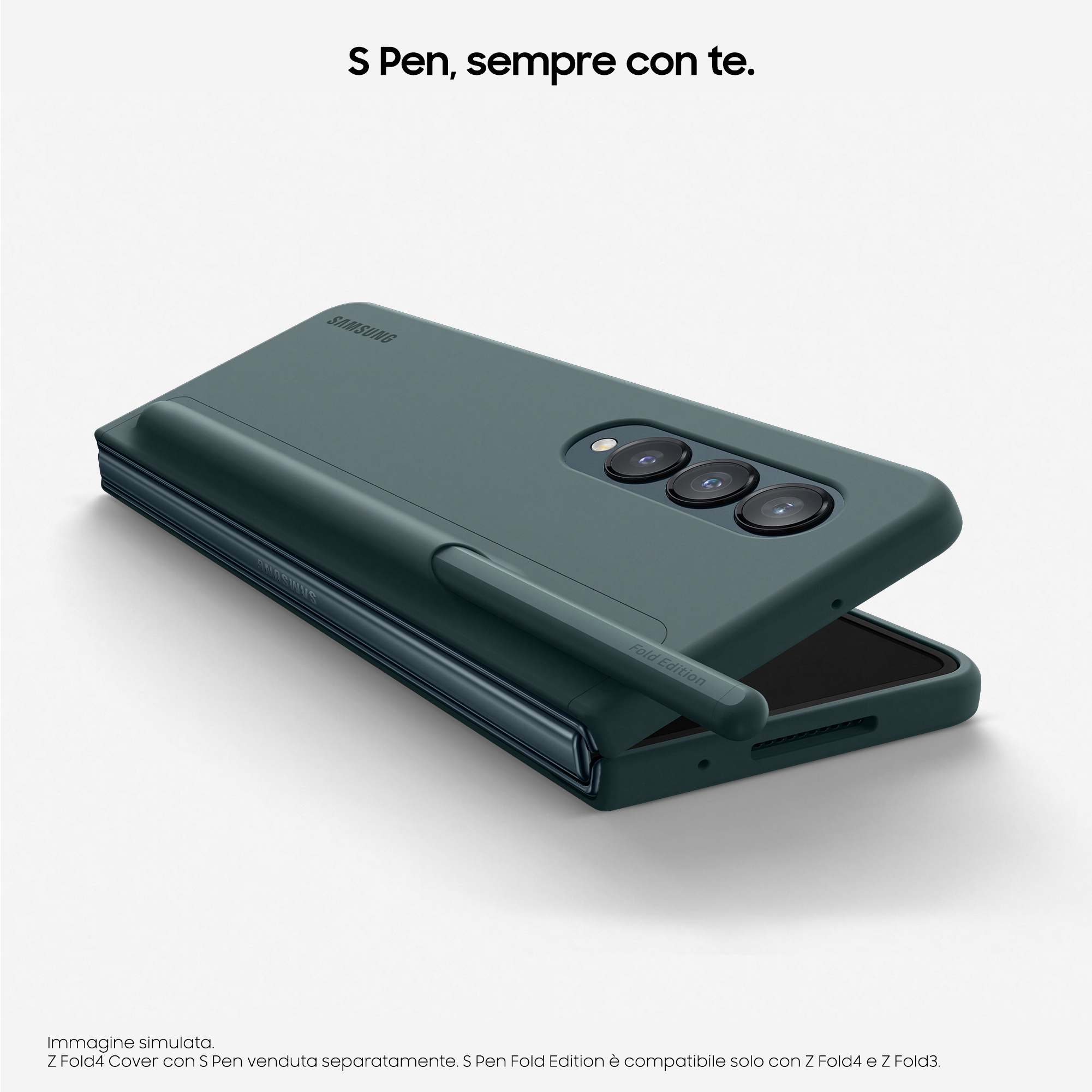Zielone etui na telefon z piórem, zakrywające składany telefon. Marka to Samsung.
