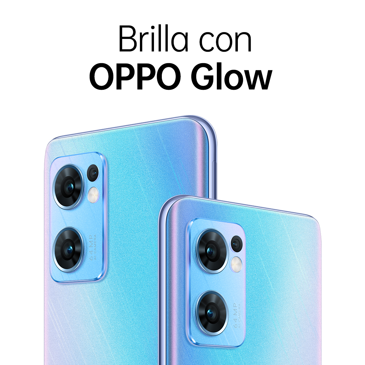 Dos smartphones con parte trasera azul, con el texto 'Brilla con OPPO Glow' arriba.