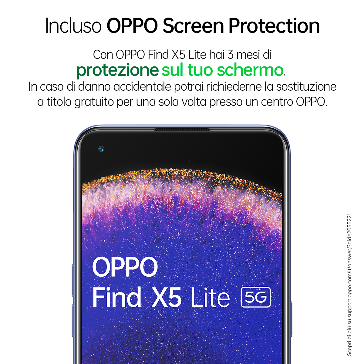 OPPO Find X5 Lite con texto de protección de pantalla. Pantalla del teléfono muestra fondo colorido.