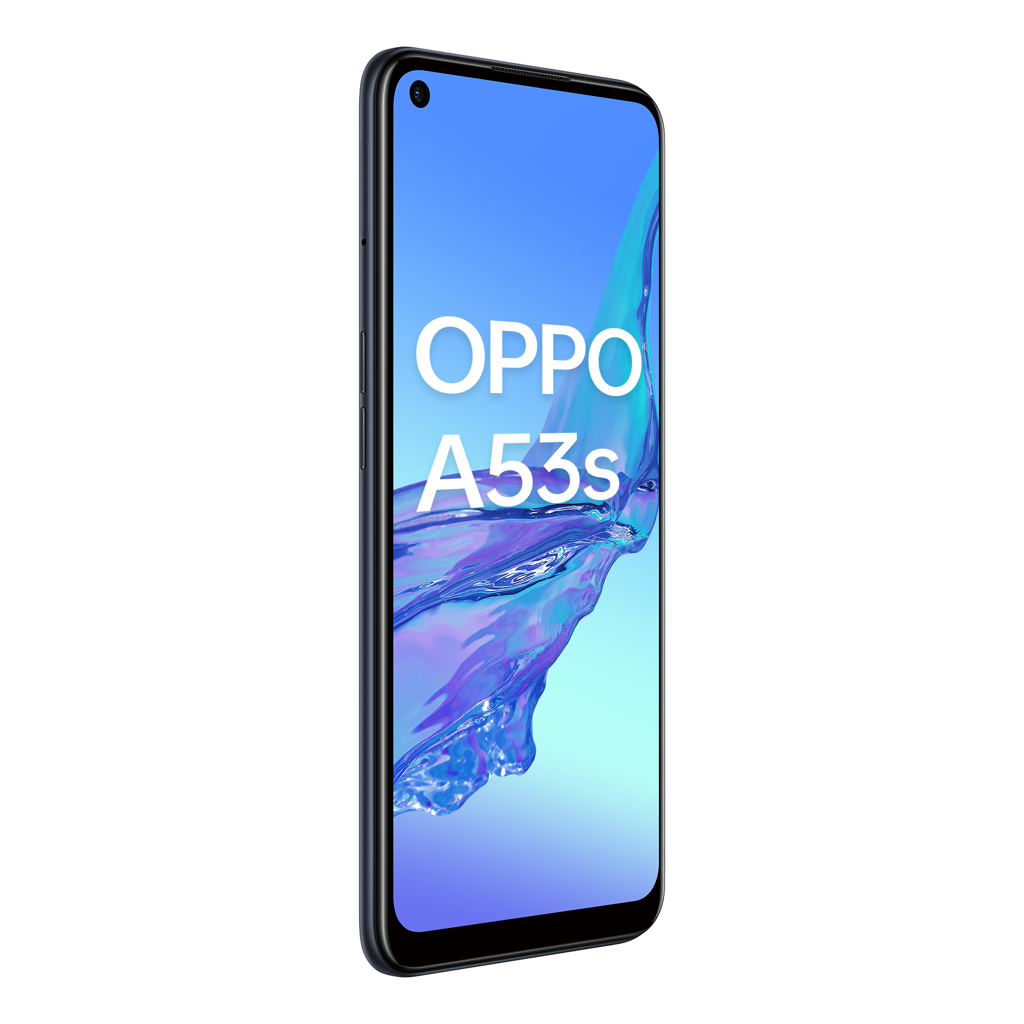 Schwarzes Oppo A53s-Telefon, Bildschirm zeigt 'OPPO A53s', blau-weißer Farbverlaufhintergrund.