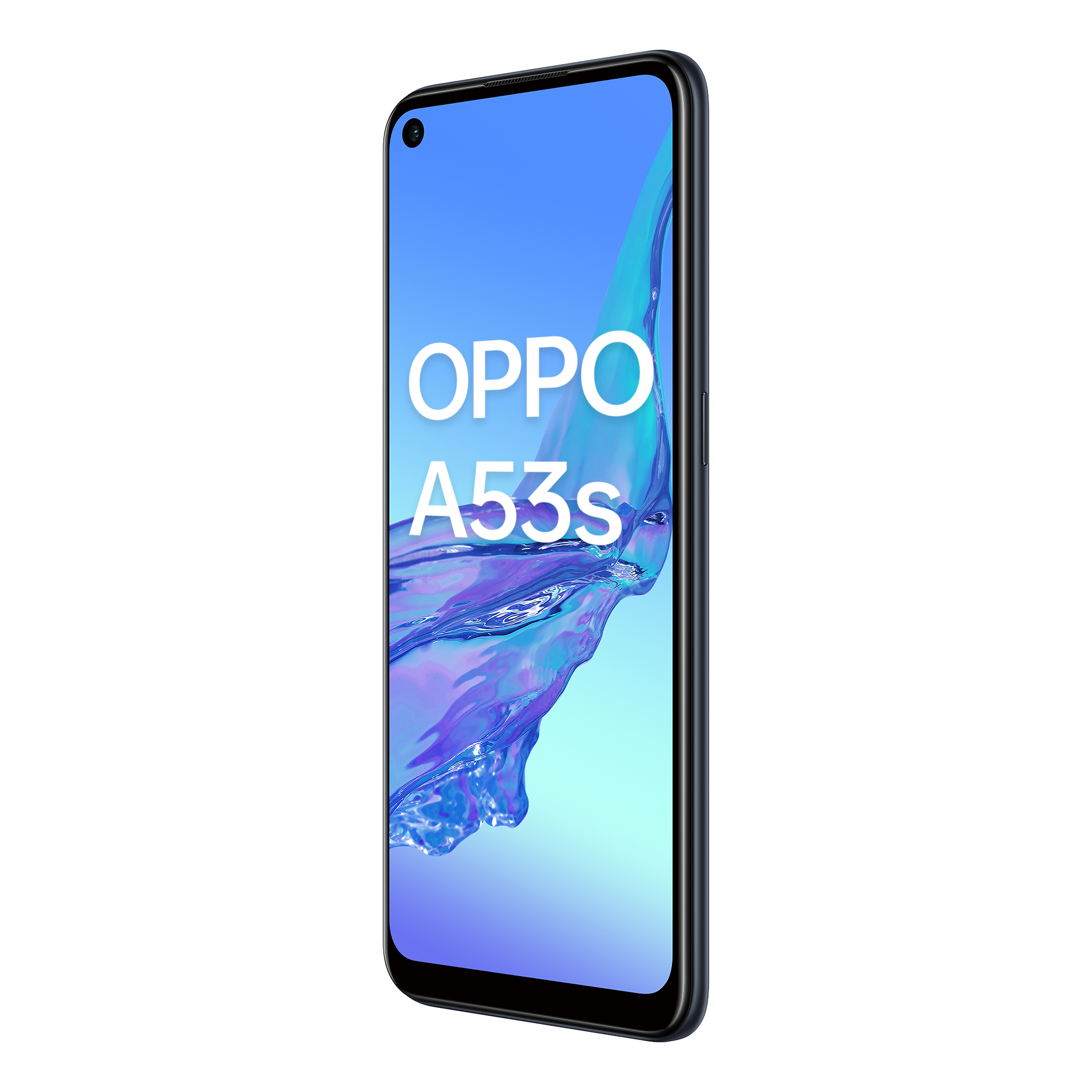 Oppo A53s Smartphone, schräge Perspektive. Das Display zeigt blaue und weiße Wellen auf blauem Grund.