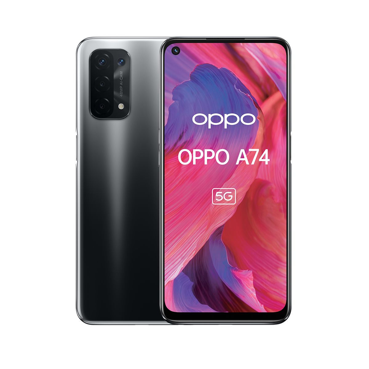 Ein silbernes und schwarzes Oppo A74 Telefon. Der Bildschirm zeigt ein farbenfrohes Design.