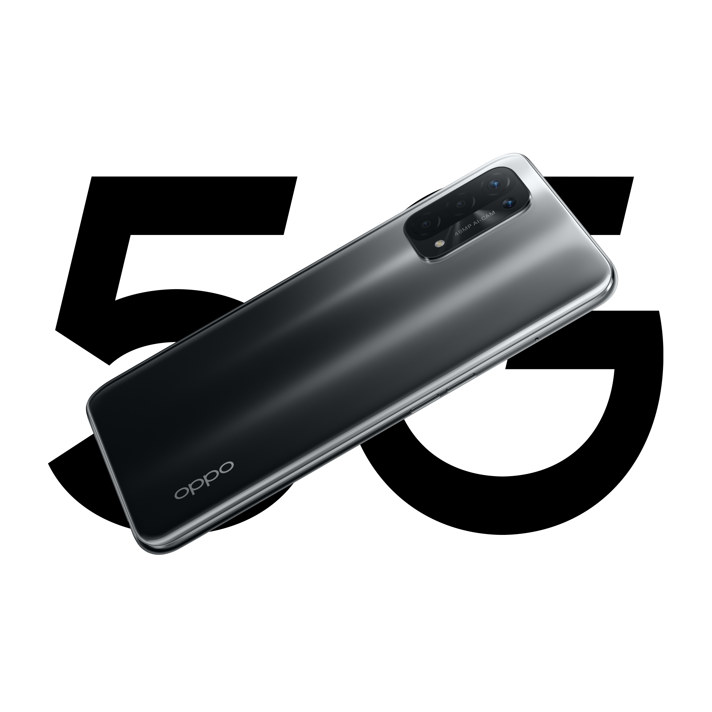 Schwarzes Smartphone abgewinkelt mit 5G-Text. Weißer Hintergrund mit 5G-Grafik.