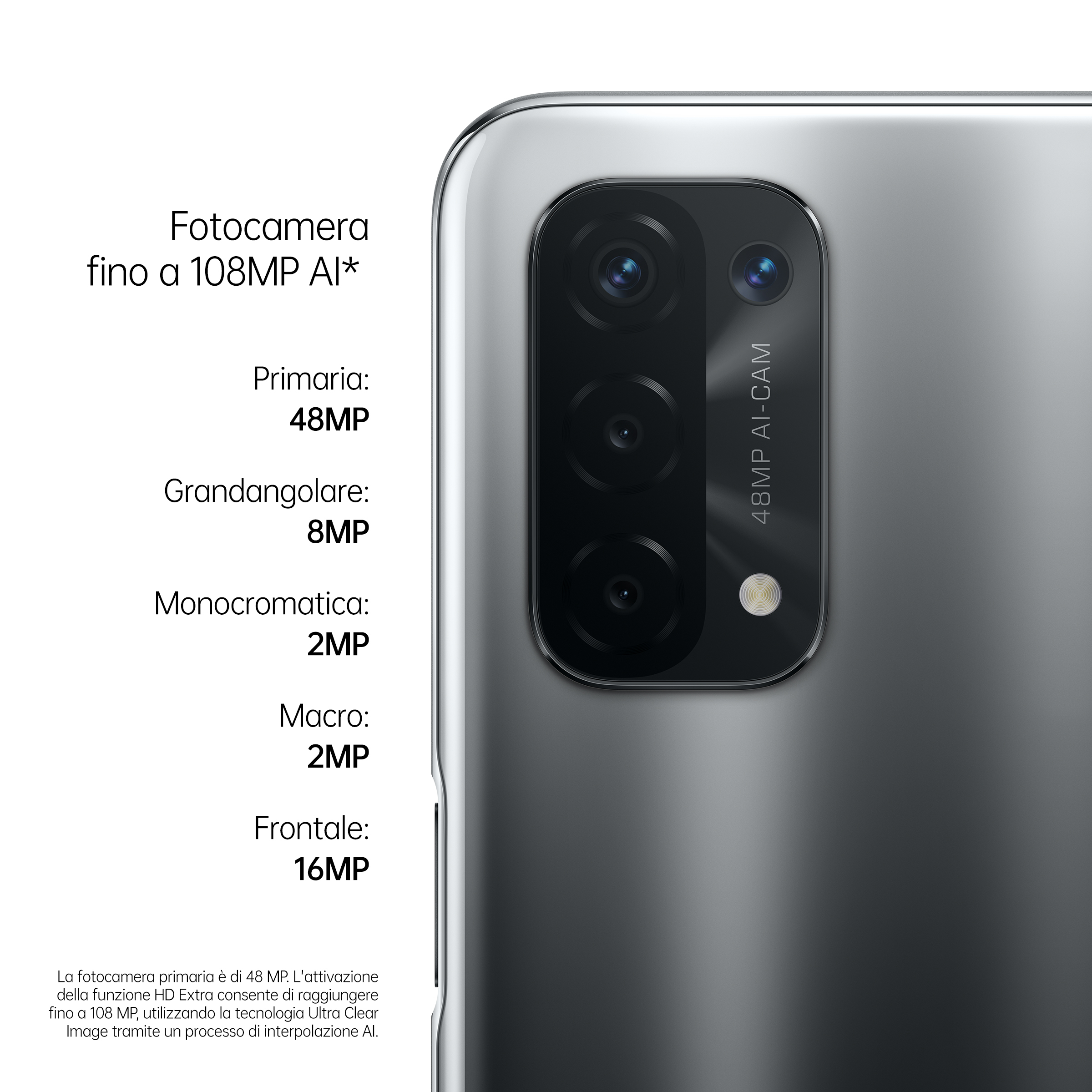 Detail der Rückkamera eines Smartphones mit mehreren Objektiven und Text, Nahaufnahme.
