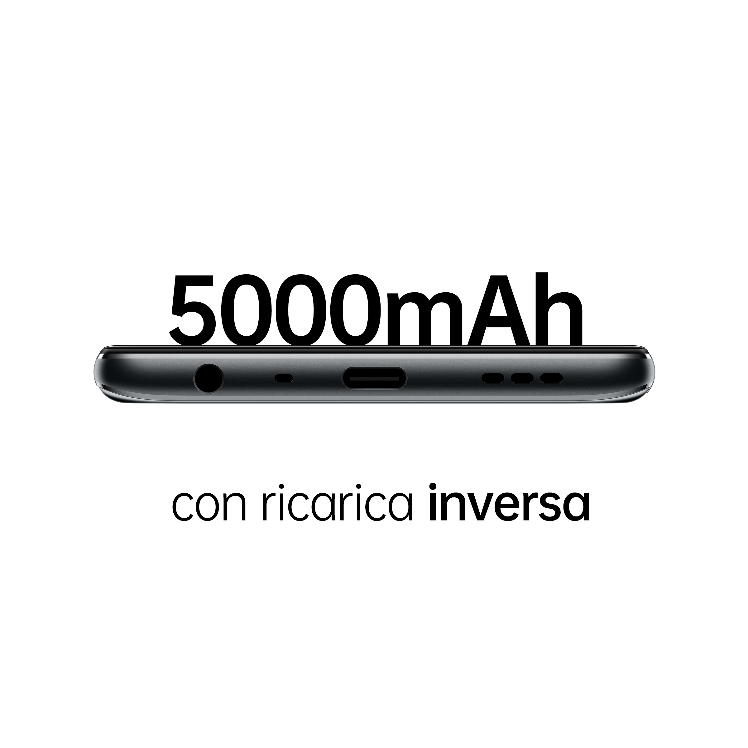 Le bas d'un téléphone avec le texte 5000mAh et les mots "con ricarica inversa".