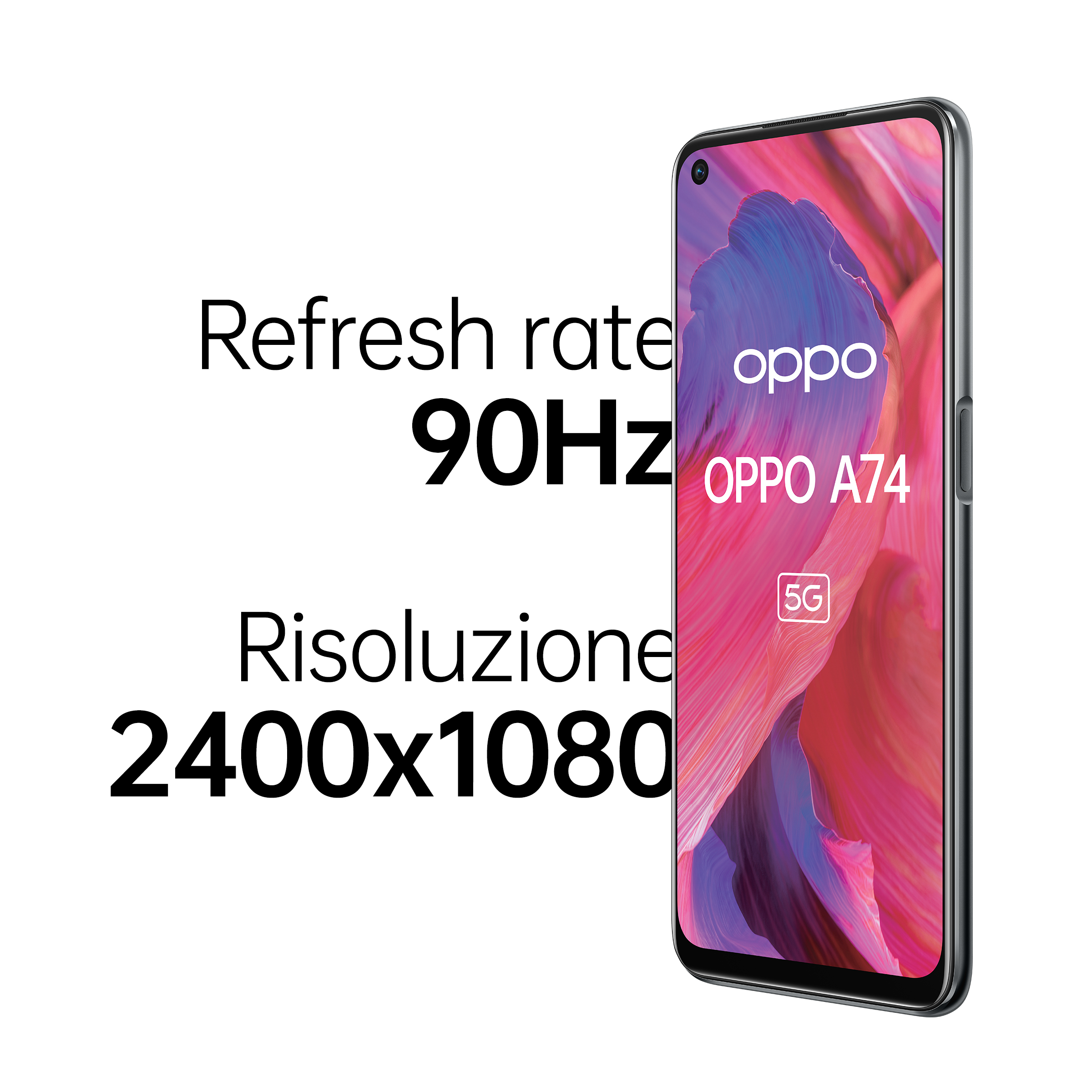 Oppo A74 Telefonbildschirm mit Text und farbenfrohem Hintergrund.