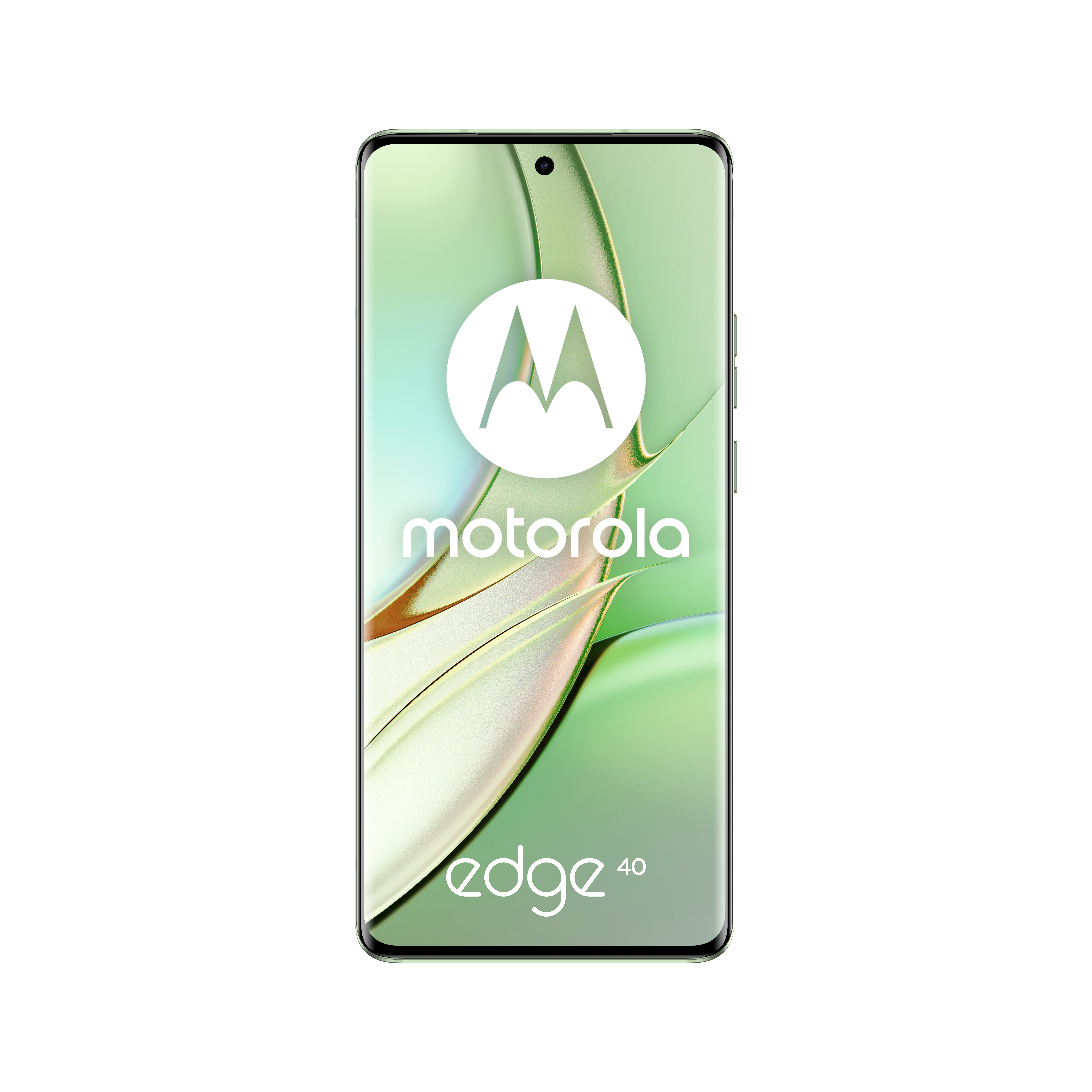 Telefon Motorola Edge 40 pochylony w górę, ekran z tłem, białe tło.