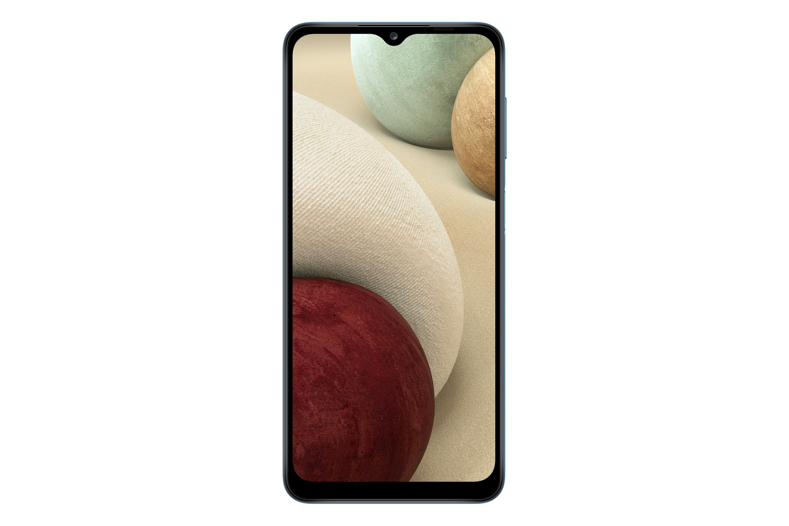 Smartphone met afgeronde hoeken. Toont abstracte vormen in beige, rood en bruin.