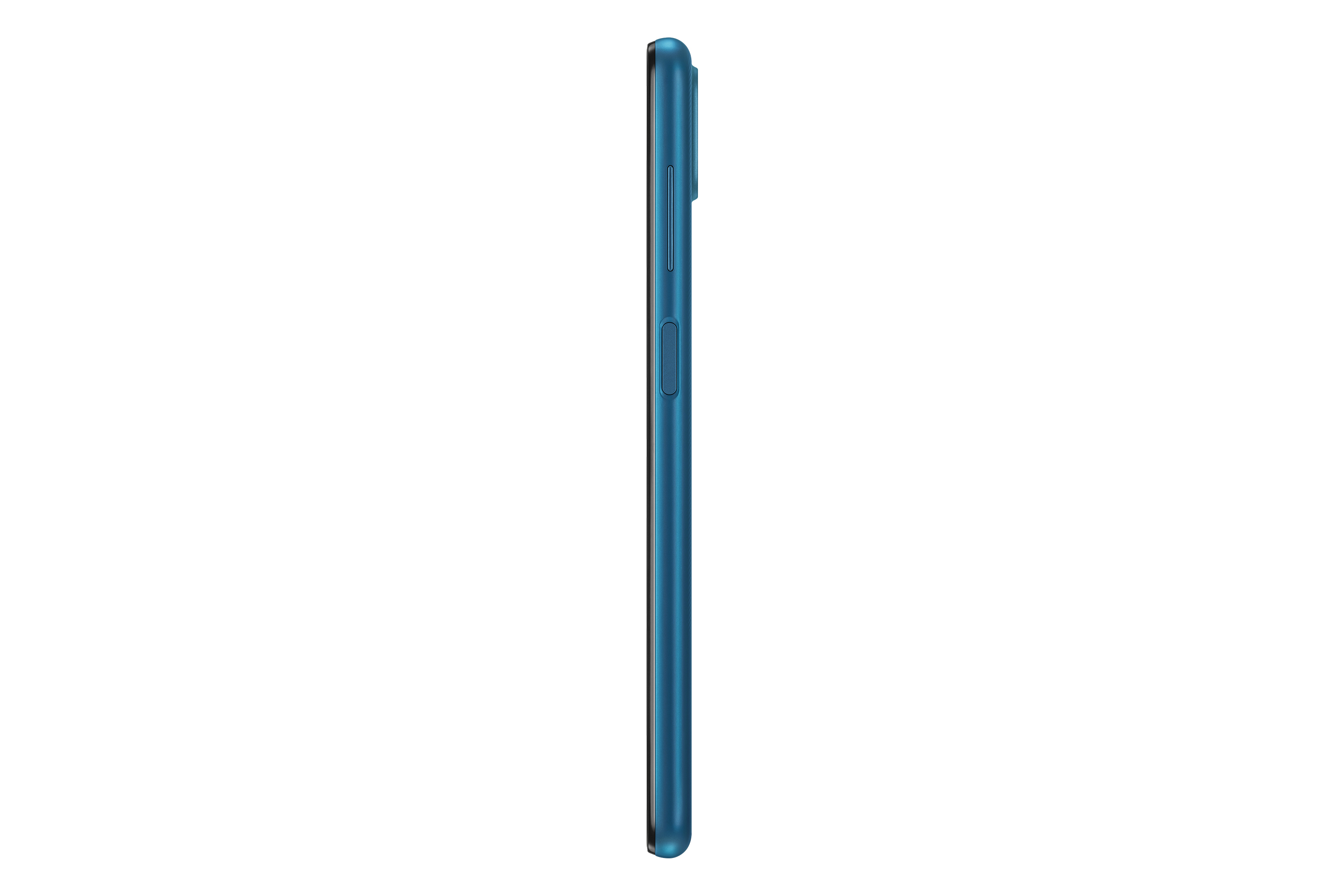 Zijaanzicht van een blauwe smartphone. De zijkant toont knoppen en de dikte van de telefoon.
