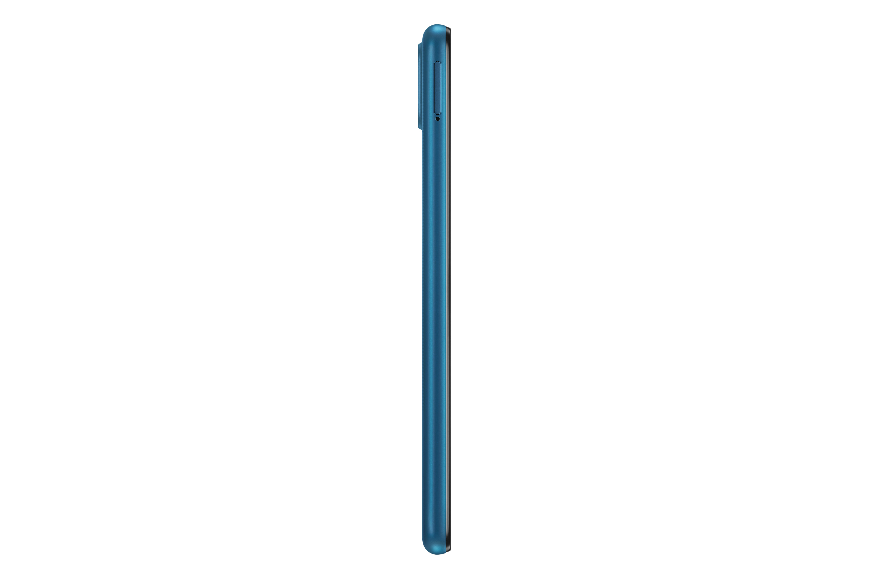Zijaanzicht van een blauwgroene telefoon, toont het dunne profiel.