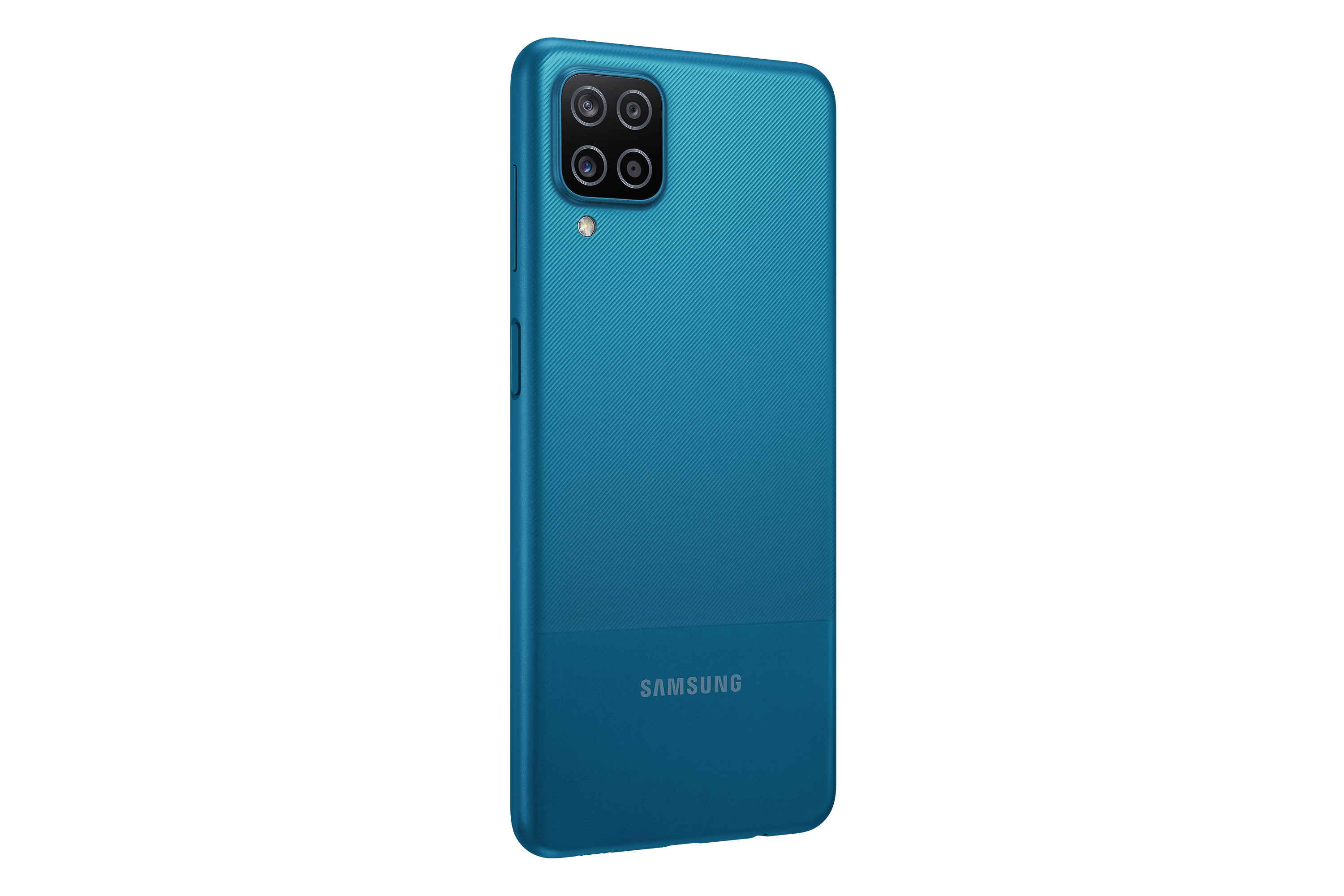 Achterkant van een teal Samsung-telefoon. Vier camera's en Samsung-logo zichtbaar.