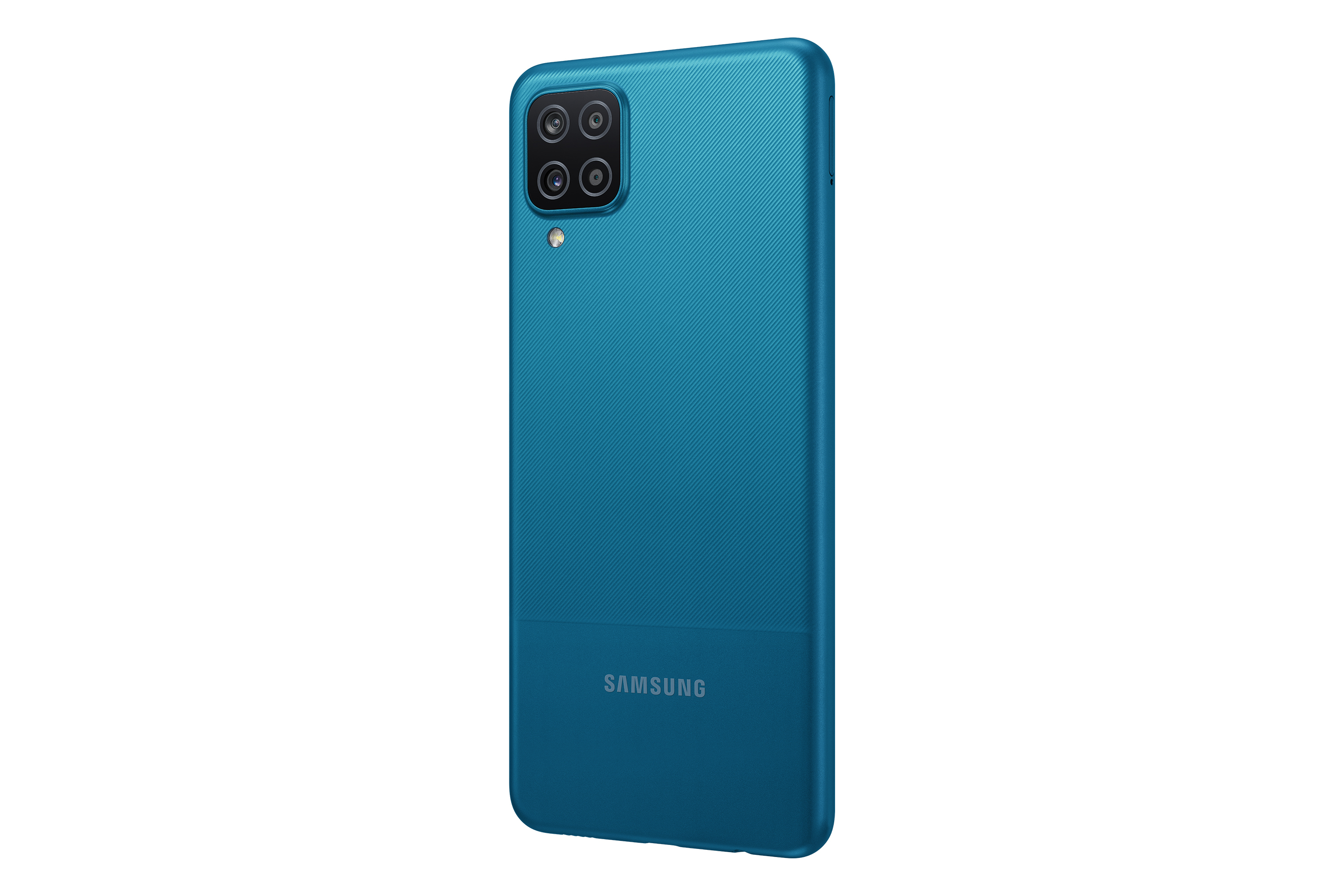 Een blauwe smartphone met een textuur achterkant en vier camera's aan de achterkant.