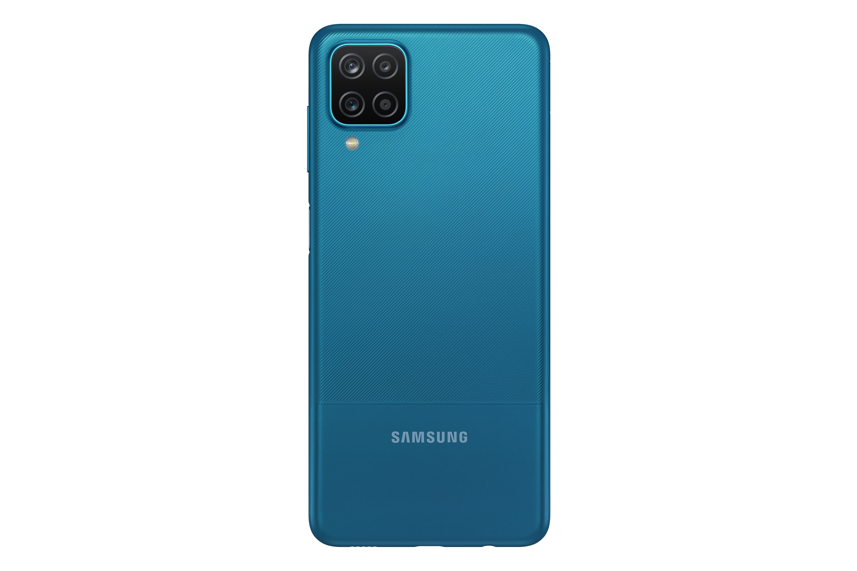 Blauwe Samsung telefoon. Heeft vier camera's aan de achterkant. De achterkant heeft een textuurpatroon.
