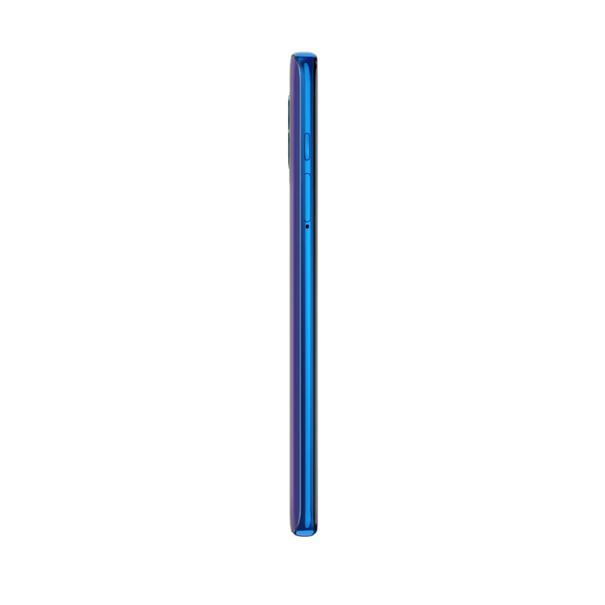 Seitenansicht eines blauen Telefons mit Tasten und schlankem Design.