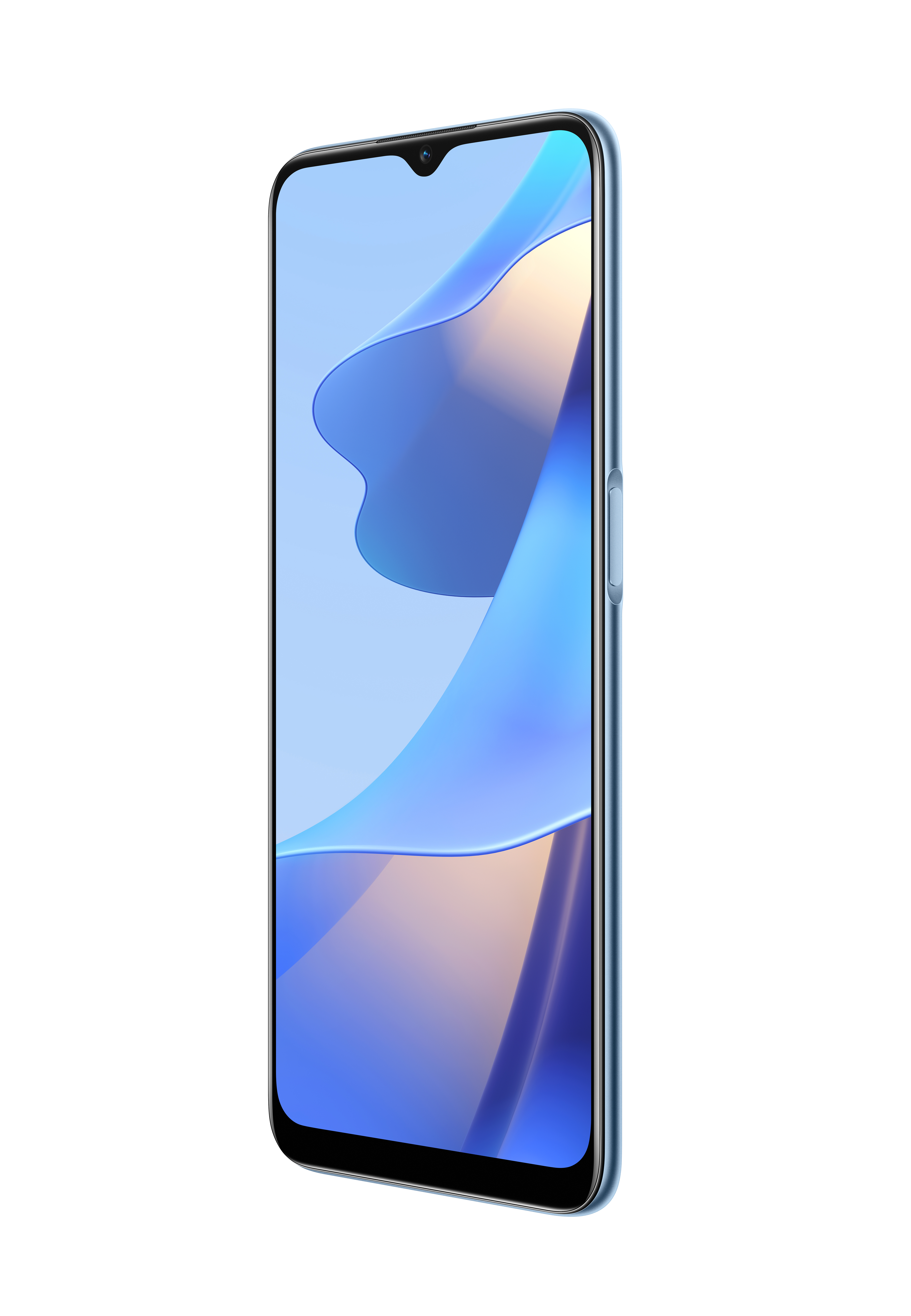 Blaues Smartphone, schräge Ansicht, mit blau-weißem Farbverlauf.