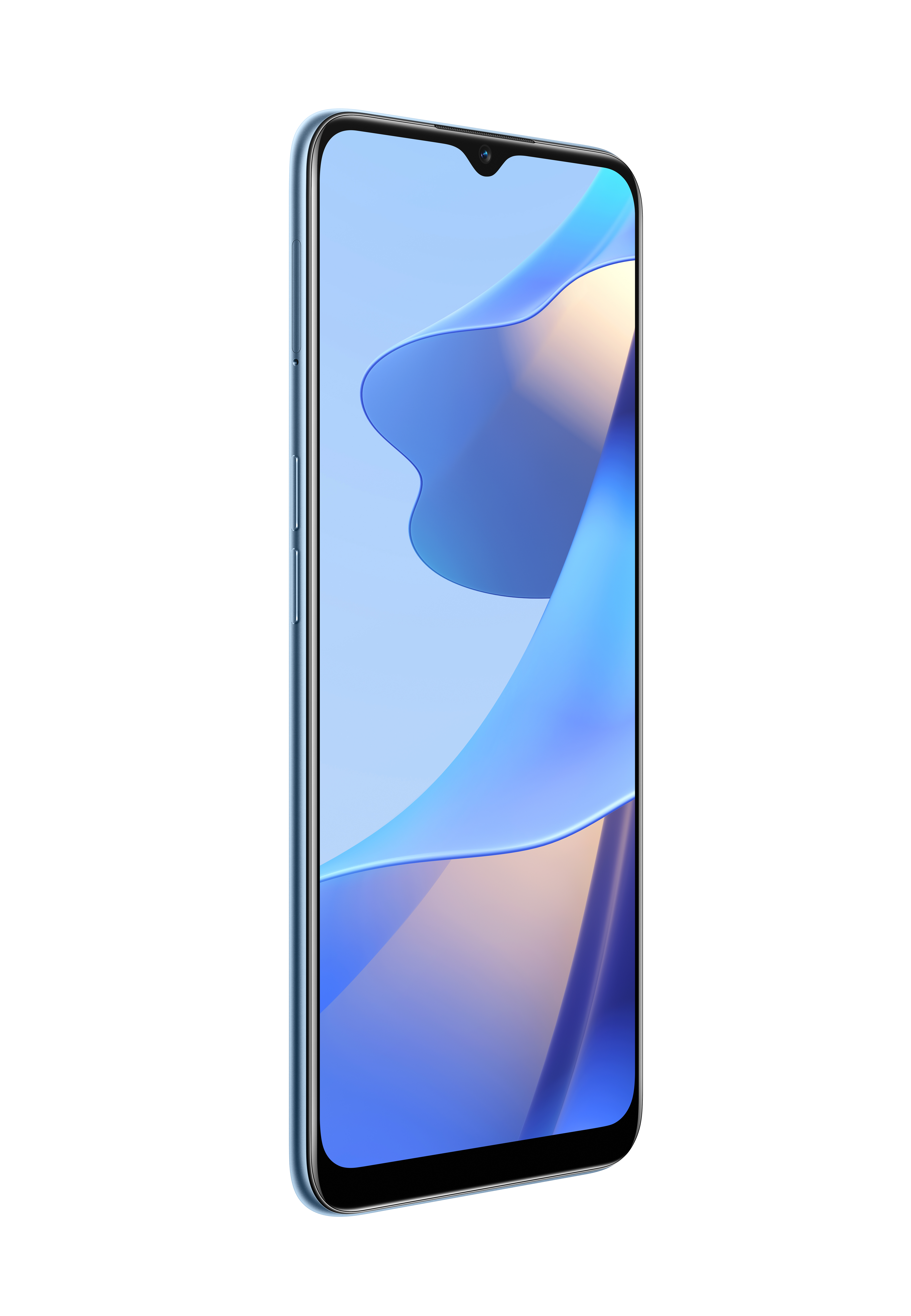 Ein blaues Smartphone, das abgewinkelt ist und ein hellblaues Display mit fließendem, abstraktem Design zeigt.