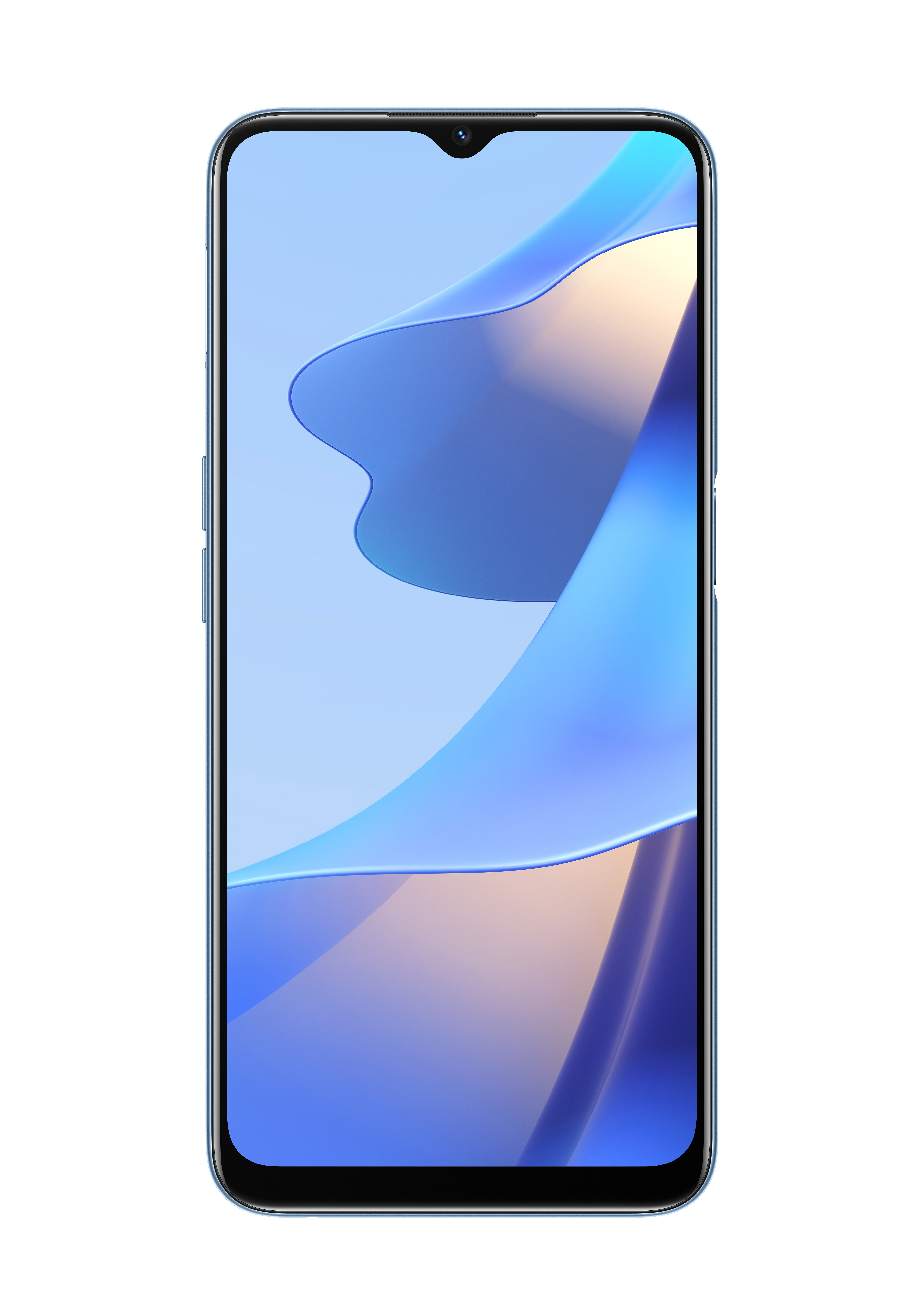 Blaues Telefon mit blauem und weißem abstraktem Design auf dem Bildschirm.