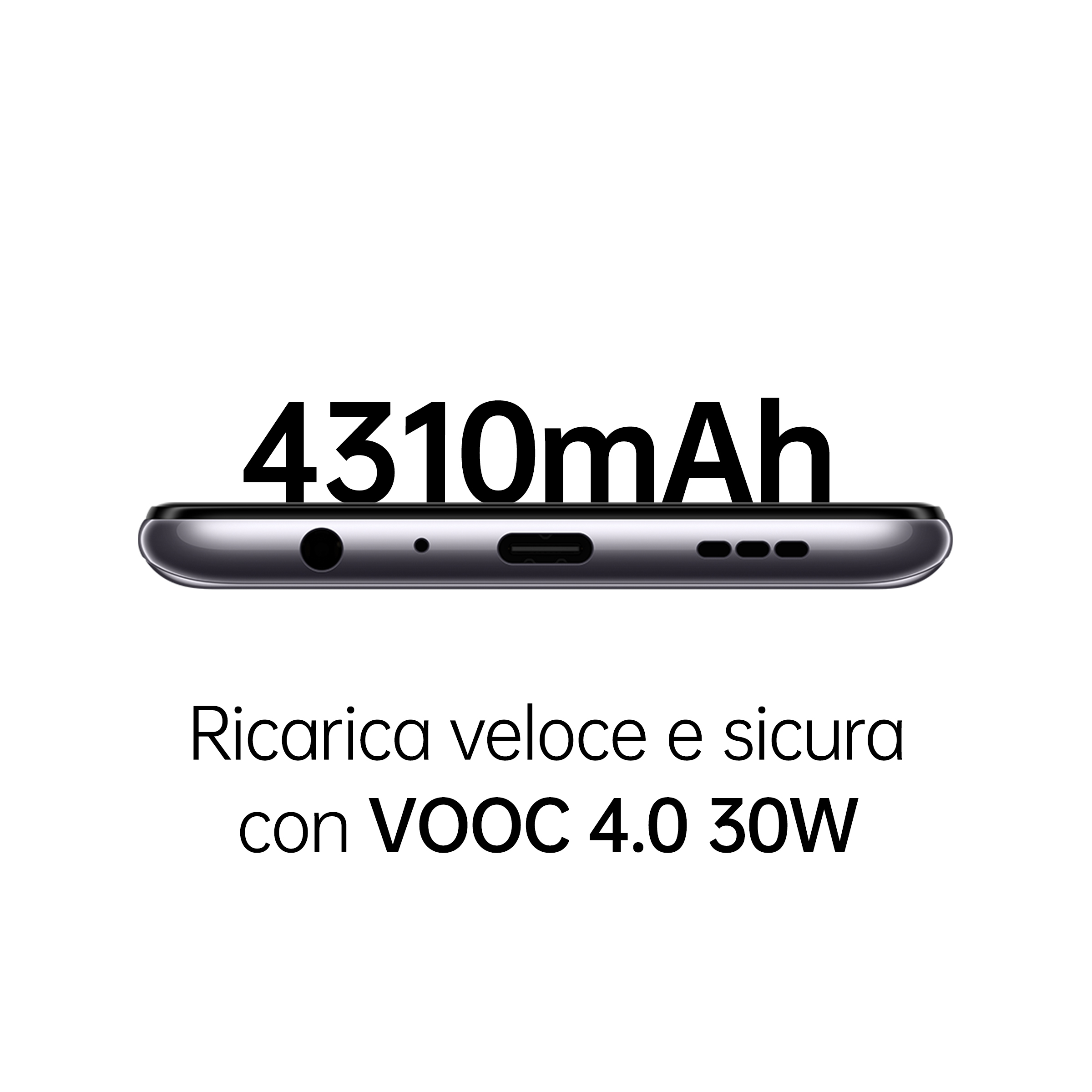 Onderkant van de telefoon met tekst 4310 mAh en VOOC 4.0 30W eronder.