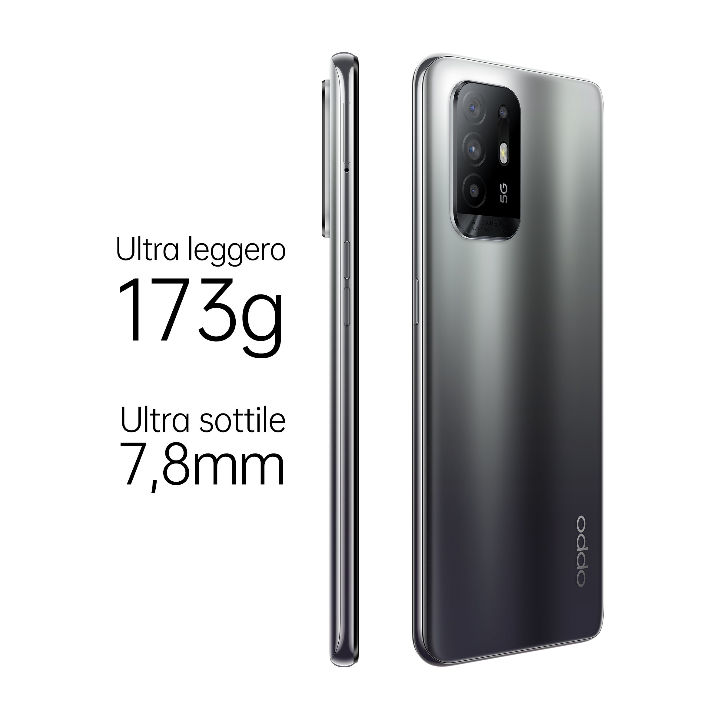 Smartphone, zij- en achteraanzicht, met afmetingen. Oppo-logo zichtbaar.