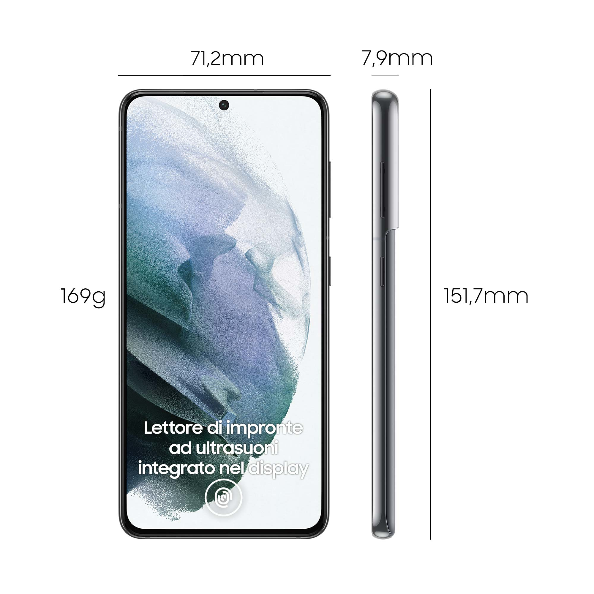 Smartfon z wymiarami. Telefon po lewej i widok z boku po prawej. Tekst: Czytnik linii papilarnych.