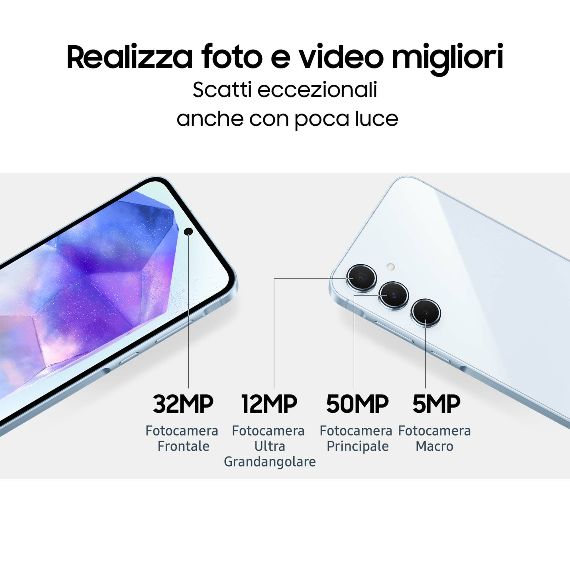 Obrazek przedstawia smartfony ze specyfikacjami aparatu. 32MP przód, 12MP ultraszeroki, 50MP główny, 5MP makro.