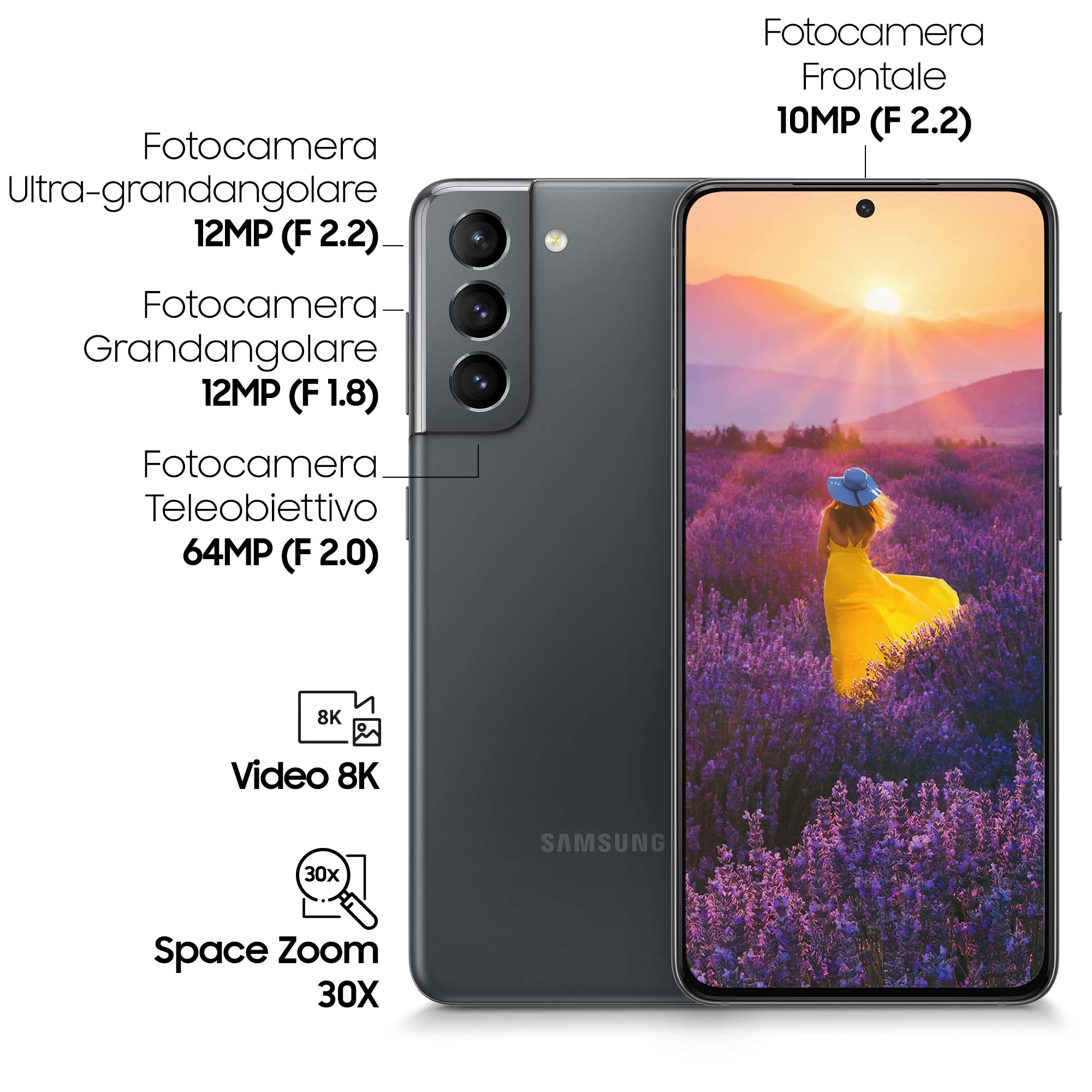 Smartfon z dwoma ekranami, pokazujący kobietę w polu lawendy i szczegóły aparatu.