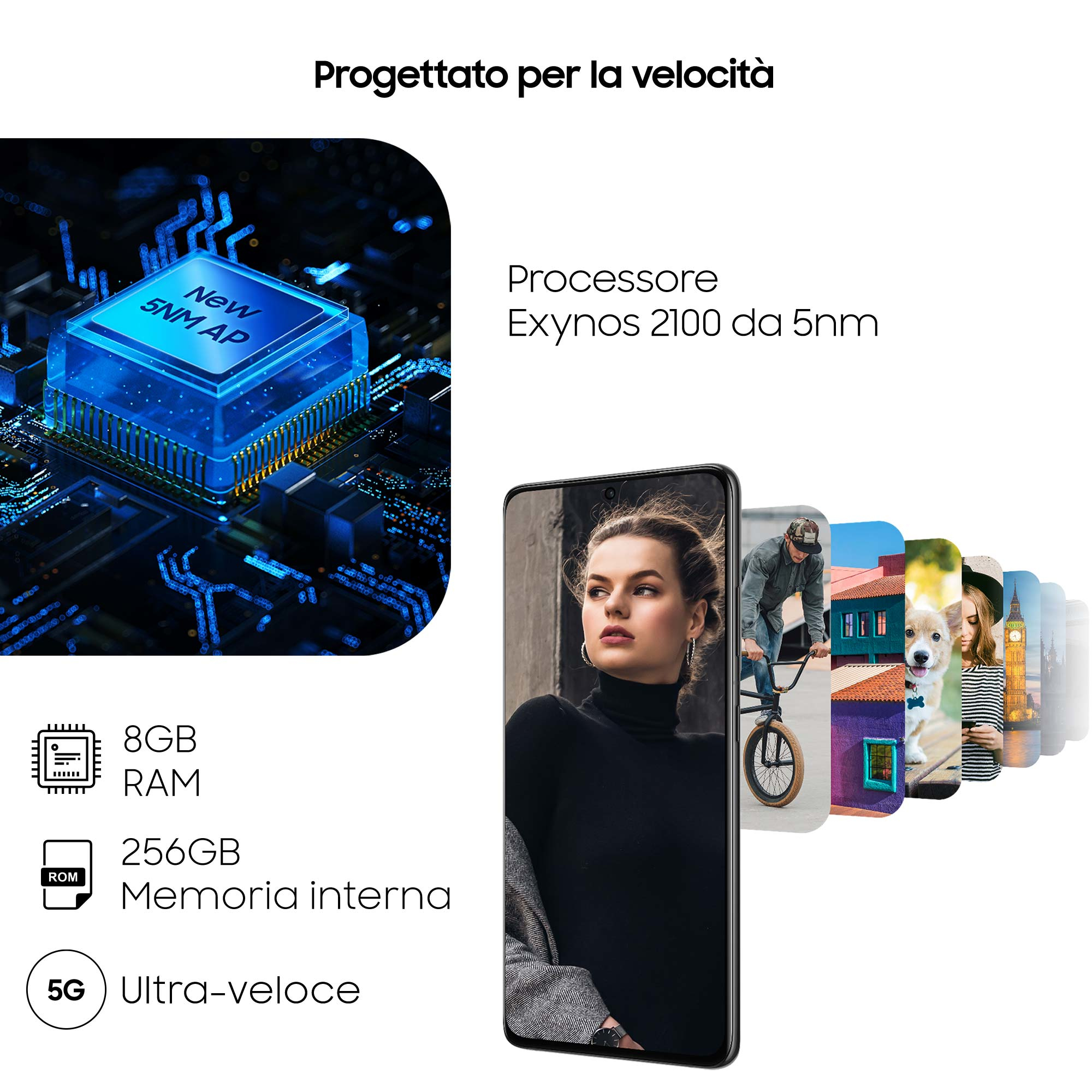 Ein Telefon mit einem Bildschirm, der ein Chipdiagramm und Bilder anzeigt. Das Telefon steht auf weißem Grund.