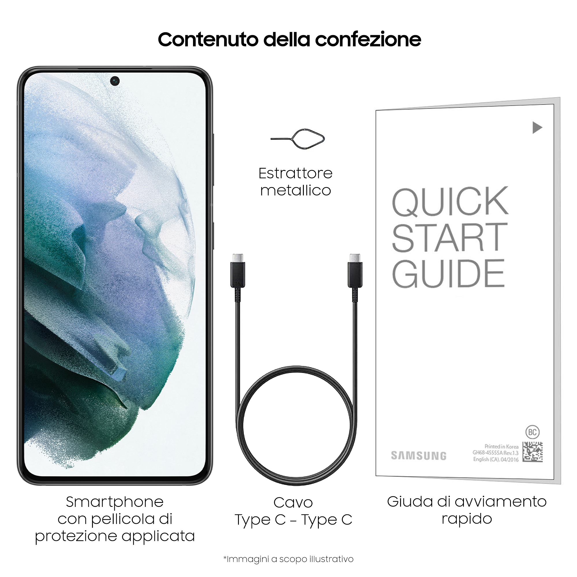 Smartfon, kabel i instrukcja szybkiego startu. Akcesoria na białej powierzchni.