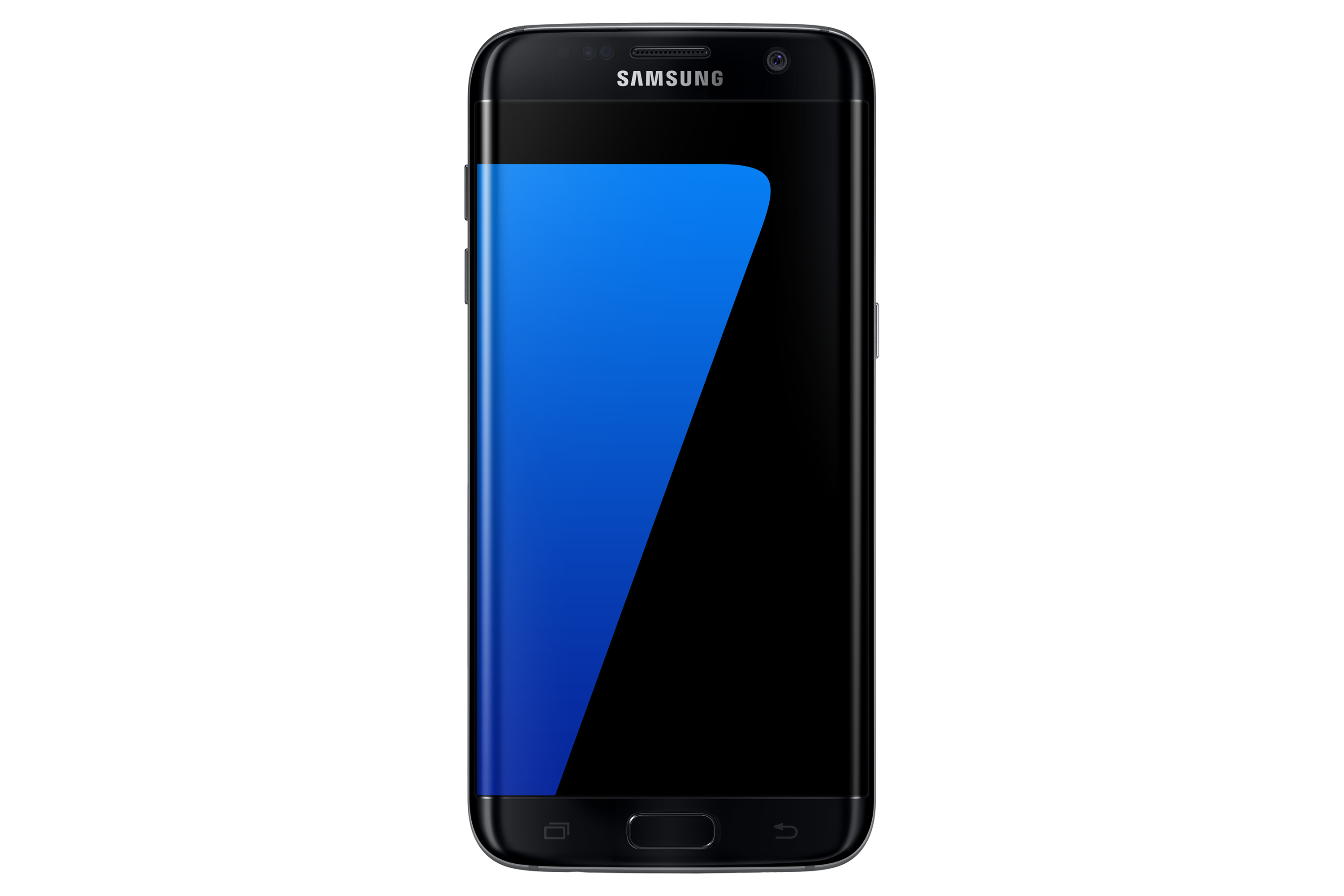 Schwarzes Samsung-Telefon auf Weiß. Das Display zeigt einen blau-schwarzen Farbverlauf.
