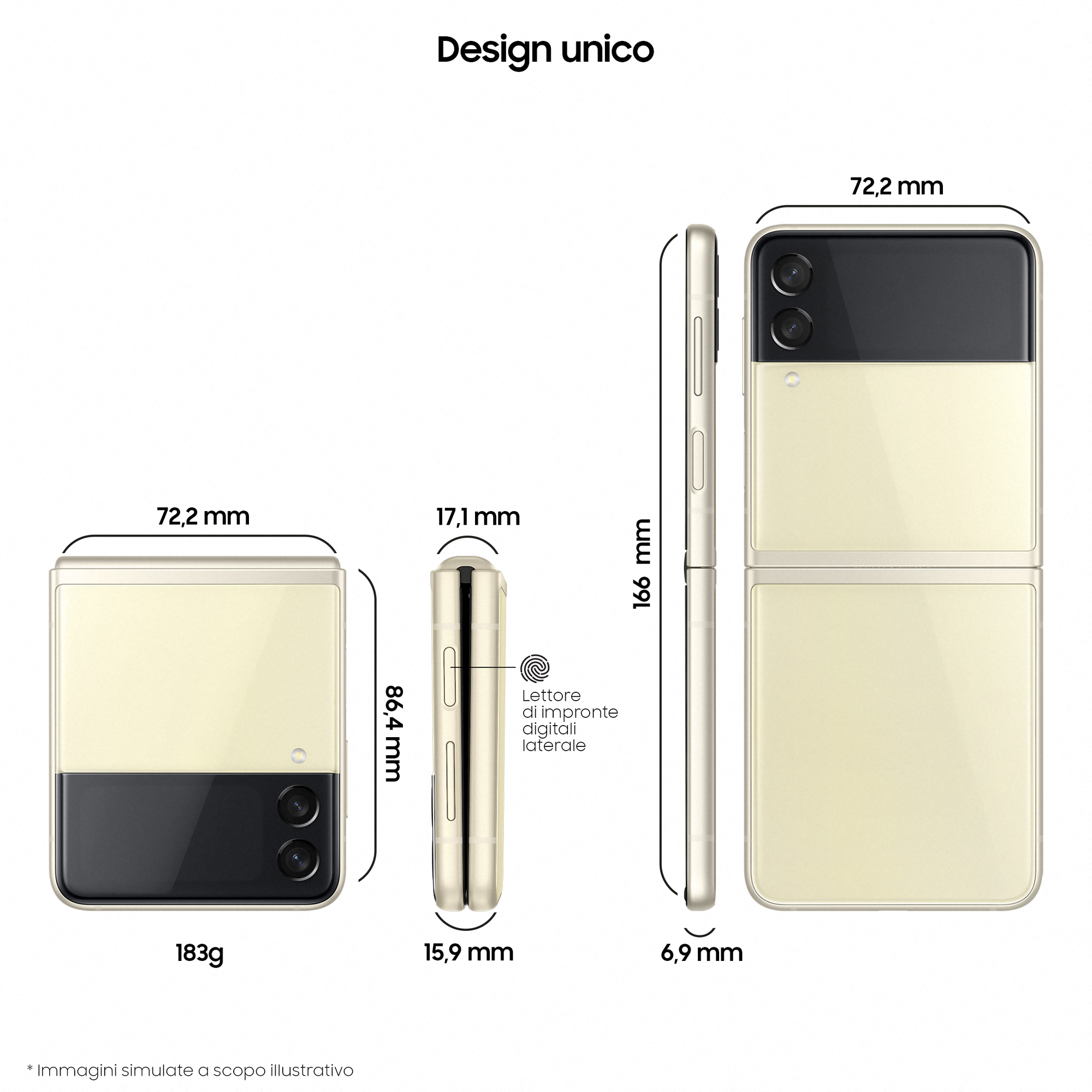 Infografika składanego telefonu Samsung, z wymiarami i szczegółami.
