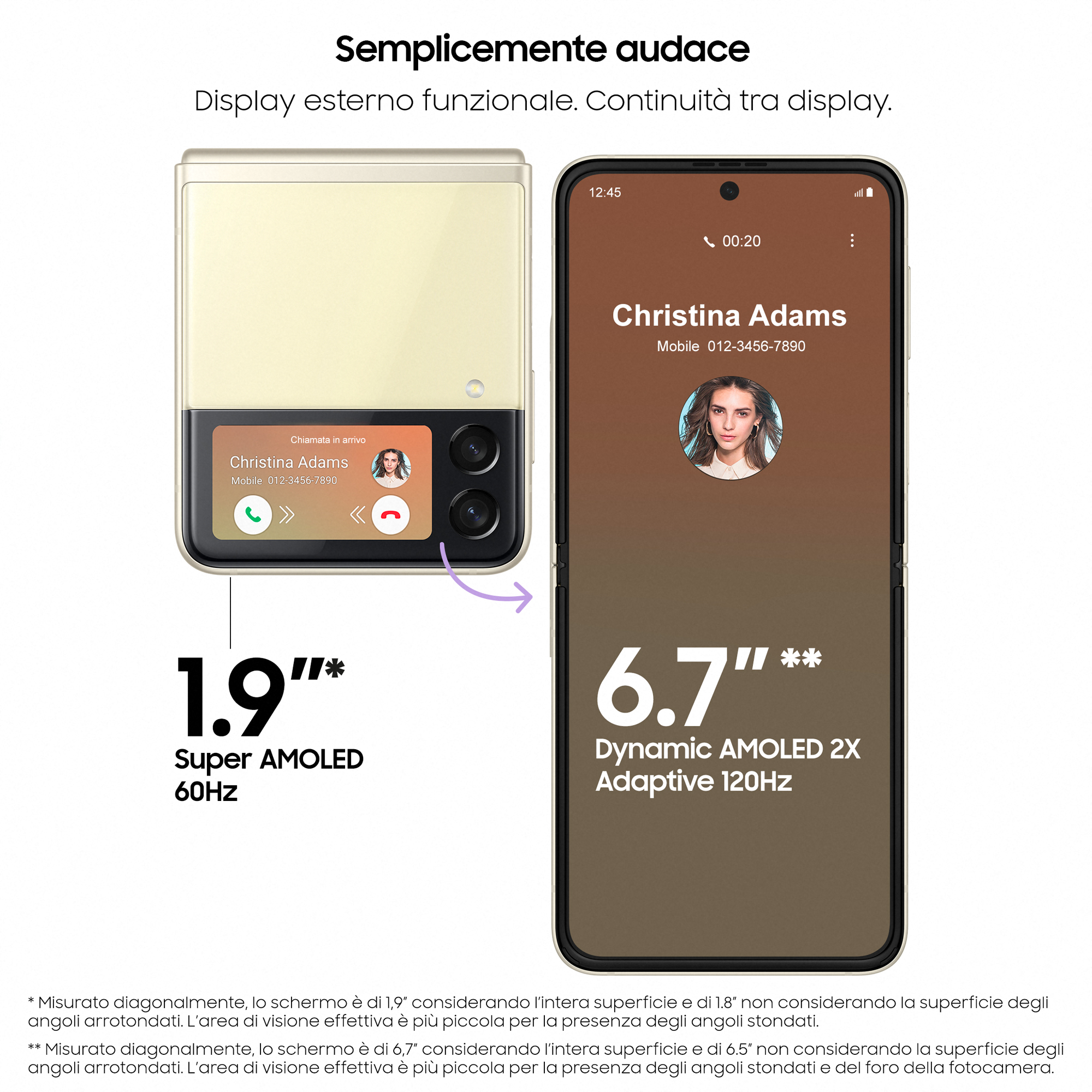 Składany smartfon, otwarty i zamknięty, pokazujący dwa ekrany ze szczegółami połączeń.