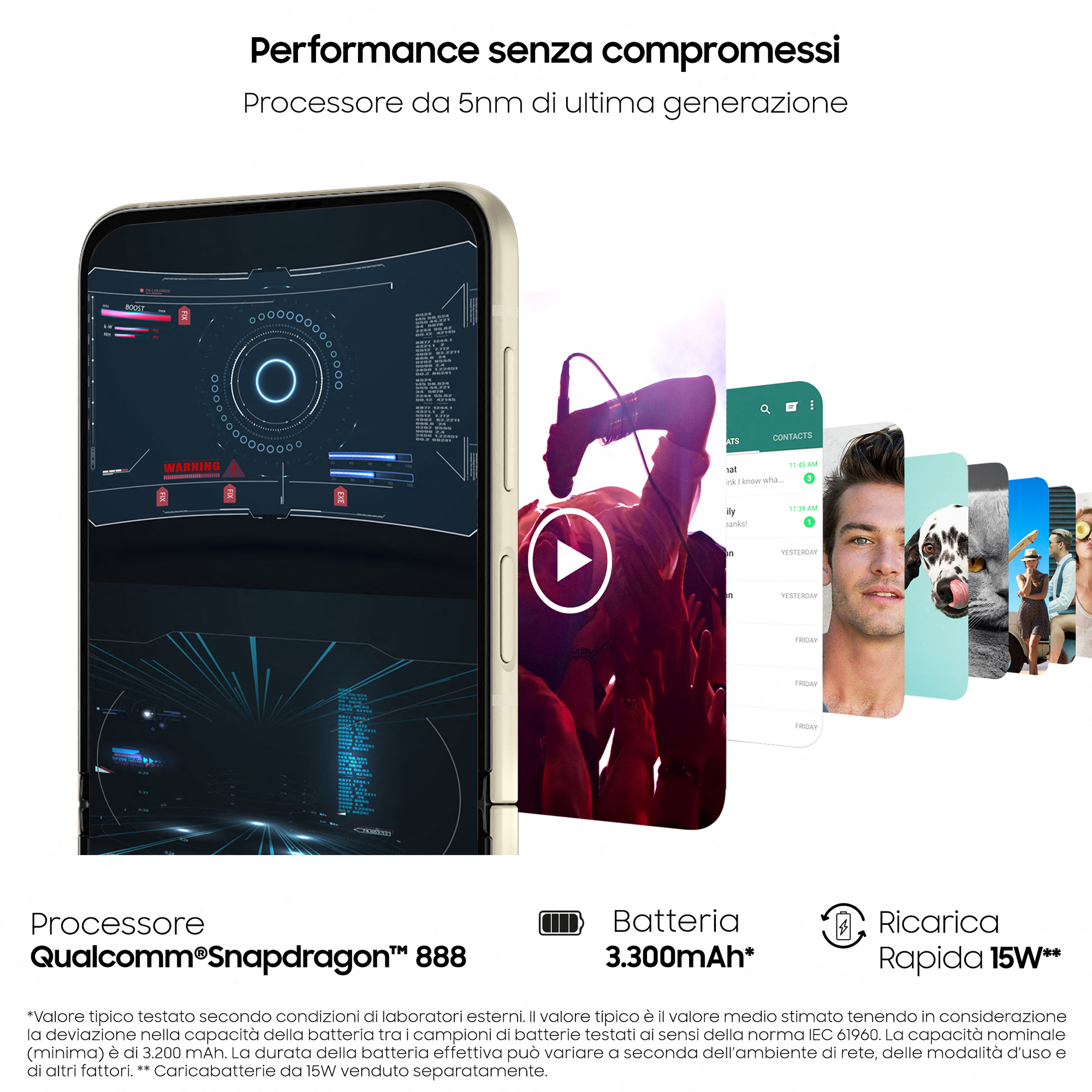 Składany ekran telefonu pokazujący wiele aplikacji, odtwarzany film i interfejs użytkownika.