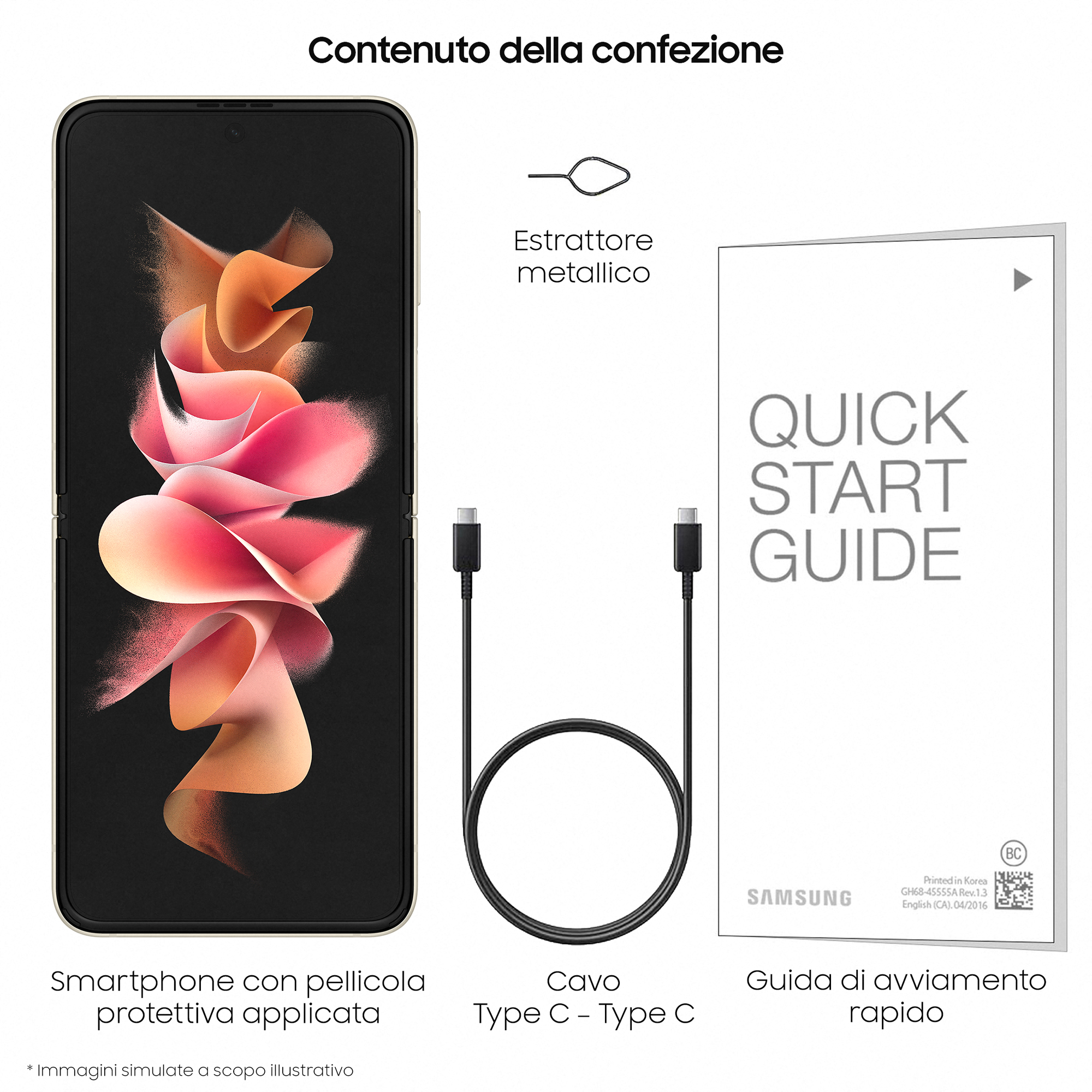 Smartfon, narzędzie do wysuwania karty SIM, kabel USB-C i krótki przewodnik, wszystko na białym tle.