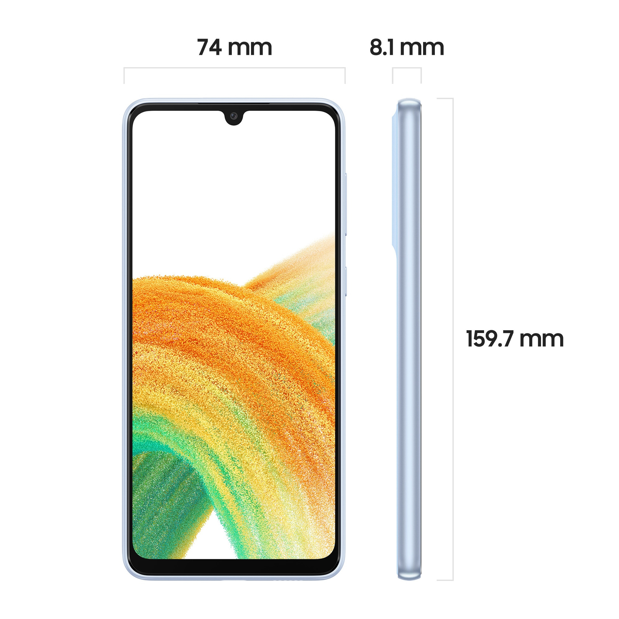 Wymiary telefonu: 74 mm szerokości, 8,1 mm grubości, 159,7 mm wysokości. Białe tło.