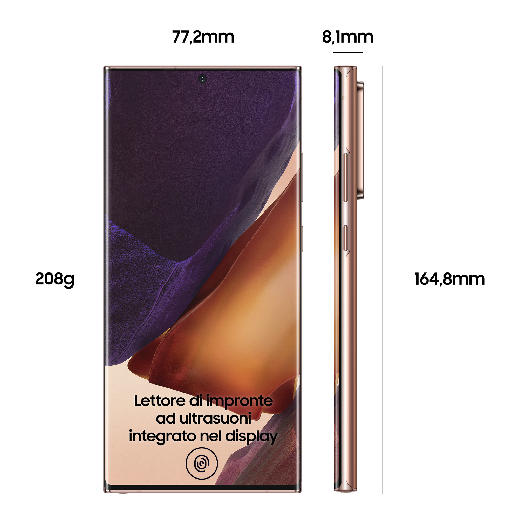 Téléphone Samsung, vue avant et latérale, avec dimensions et info capteur d'empreintes.