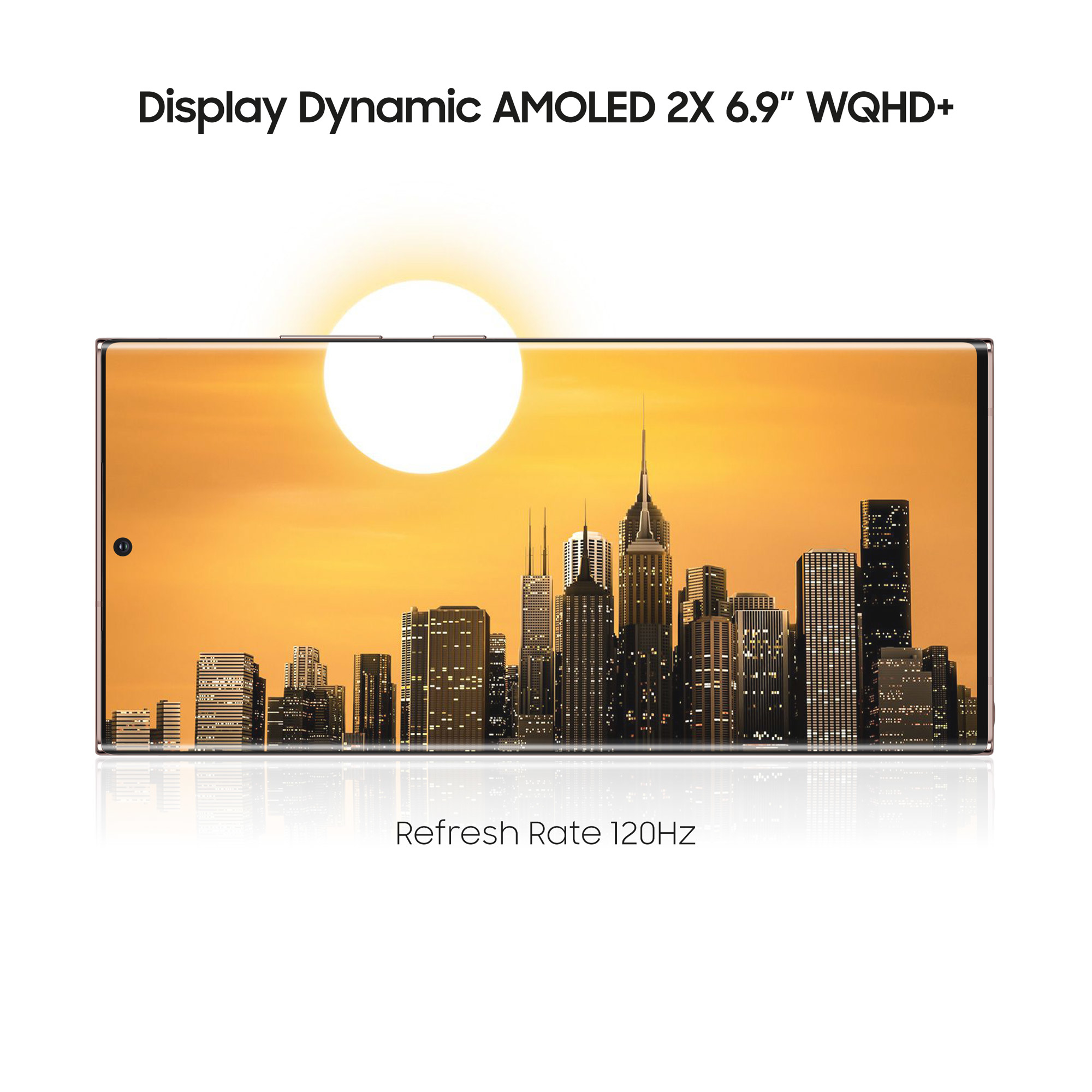 Écran de téléphone montrant un paysage urbain au coucher du soleil, avec texte superposé.
