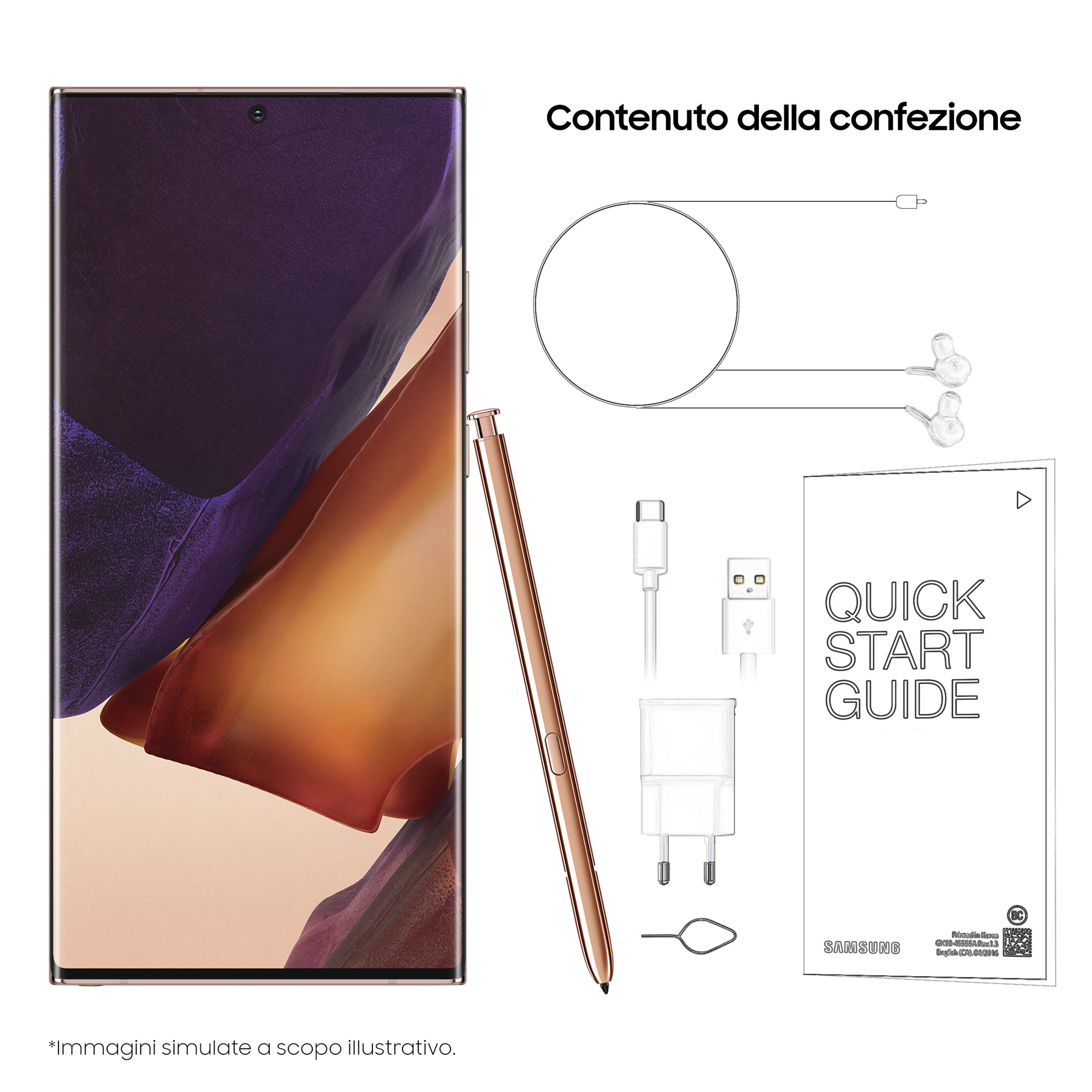 Téléphone Samsung avec accessoires et guide de démarrage rapide sur fond blanc.