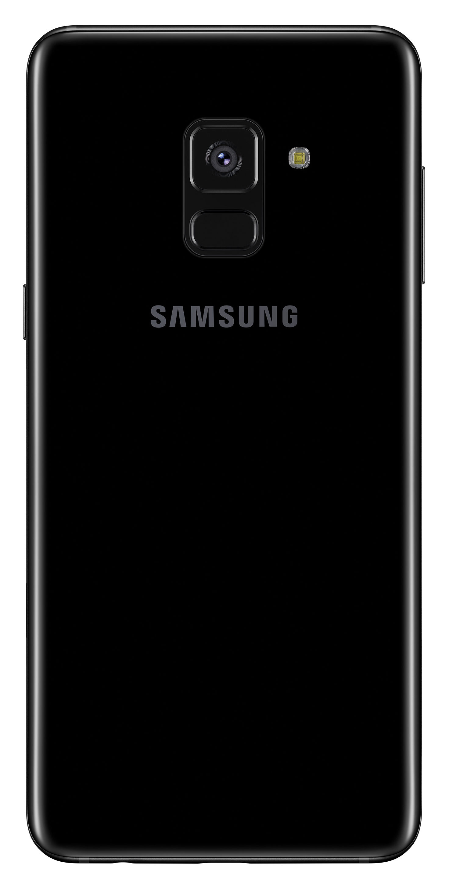 Rückseite eines schwarzen Smartphones mit einer Kamera und Samsung-Logo.
