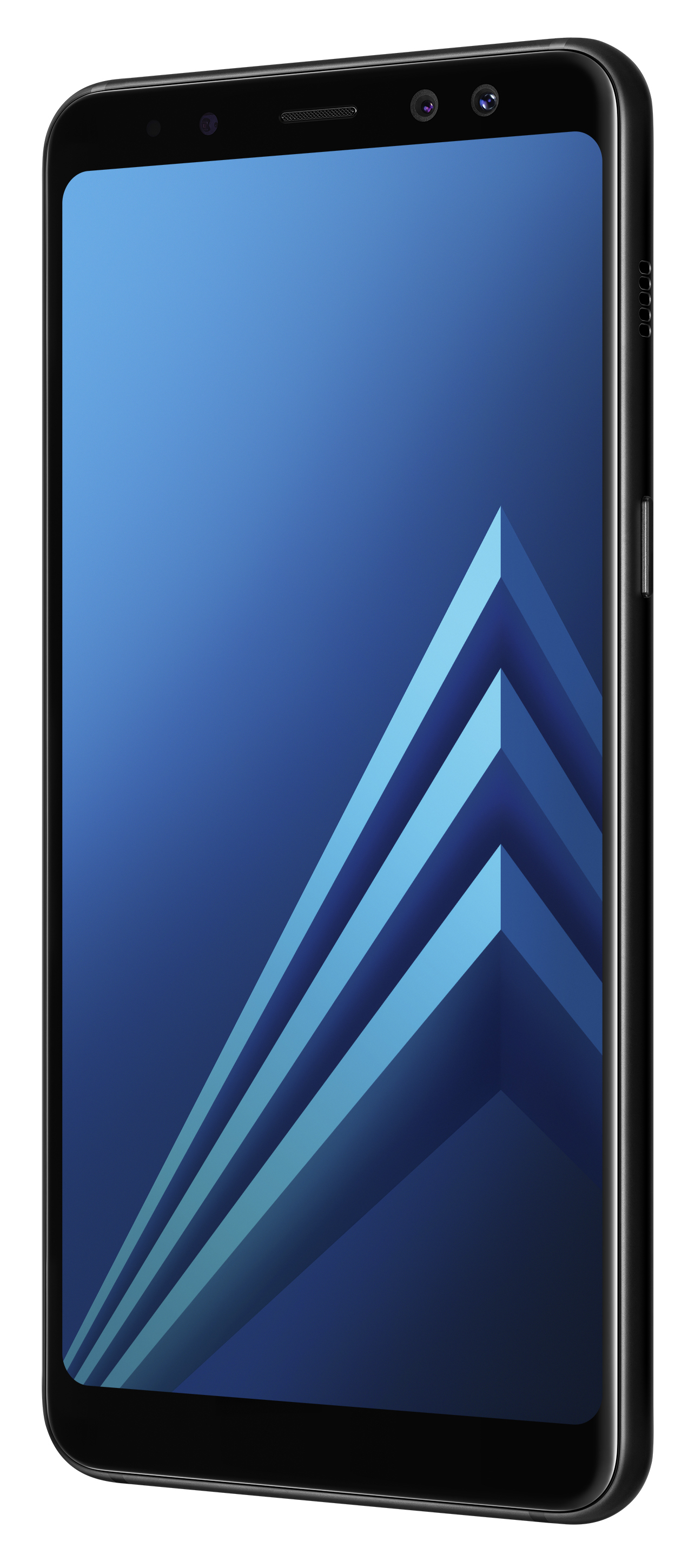 Schwarzes Smartphone mit blauem, abstraktem Design auf dem Bildschirm, in einem Winkel.
