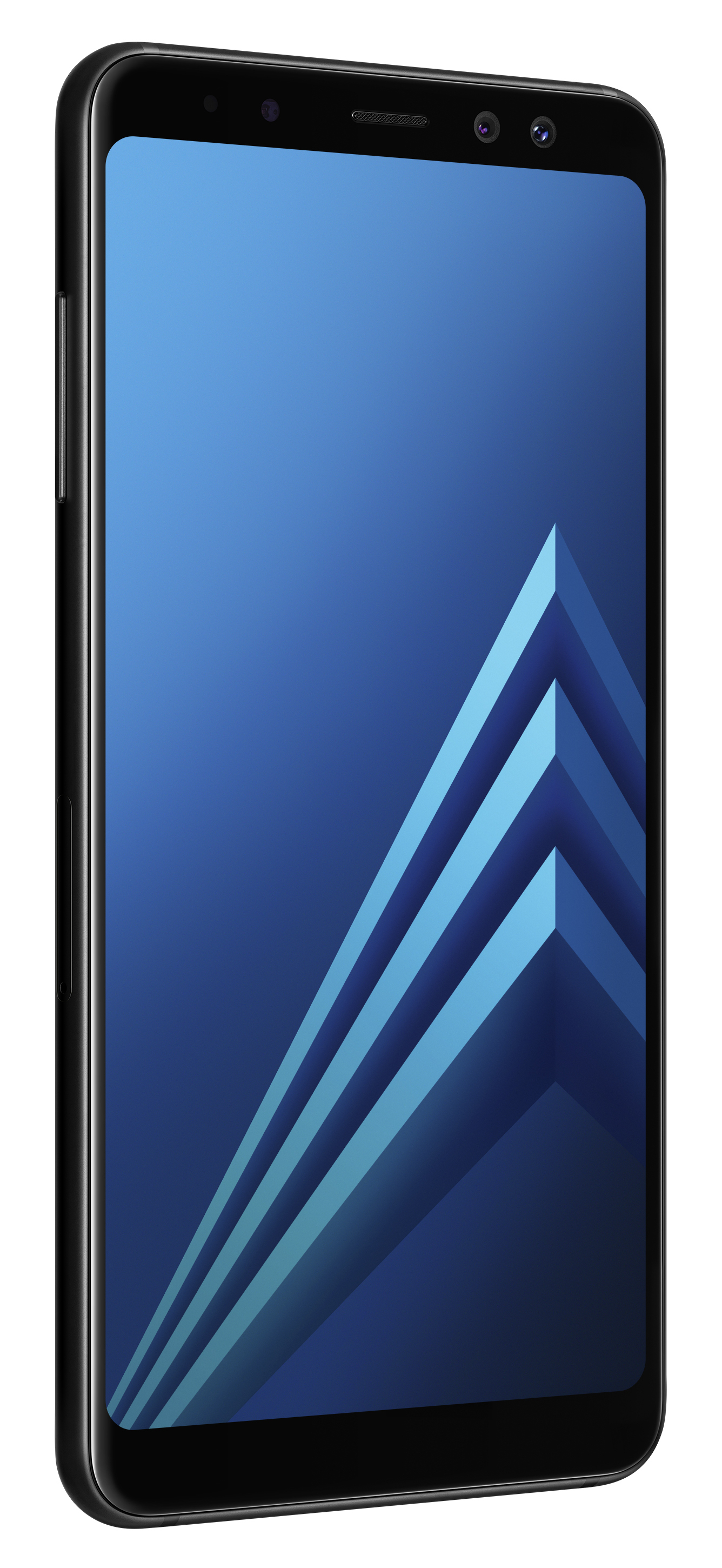 Schwarzes Smartphone mit blauem, abstraktem Design auf dem Bildschirm.