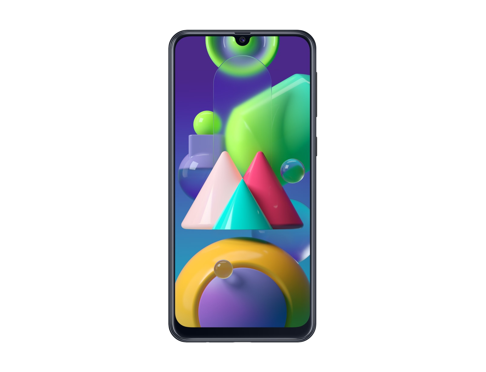 Smartphone che mostra forme astratte. Triangoli in rosa, blu e verde, con sfere. Telefono nero con notch.
