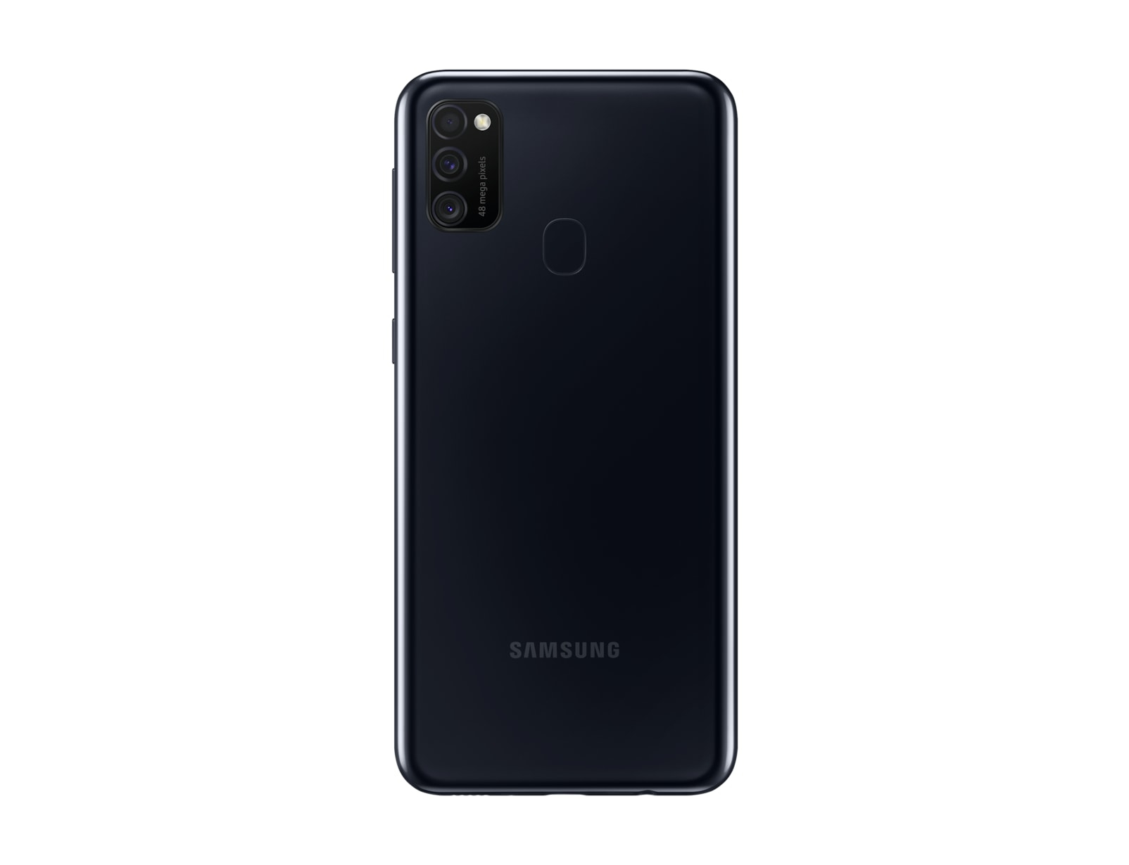 Il retro di uno smartphone nero con tre fotocamere e la parola SAMSUNG.