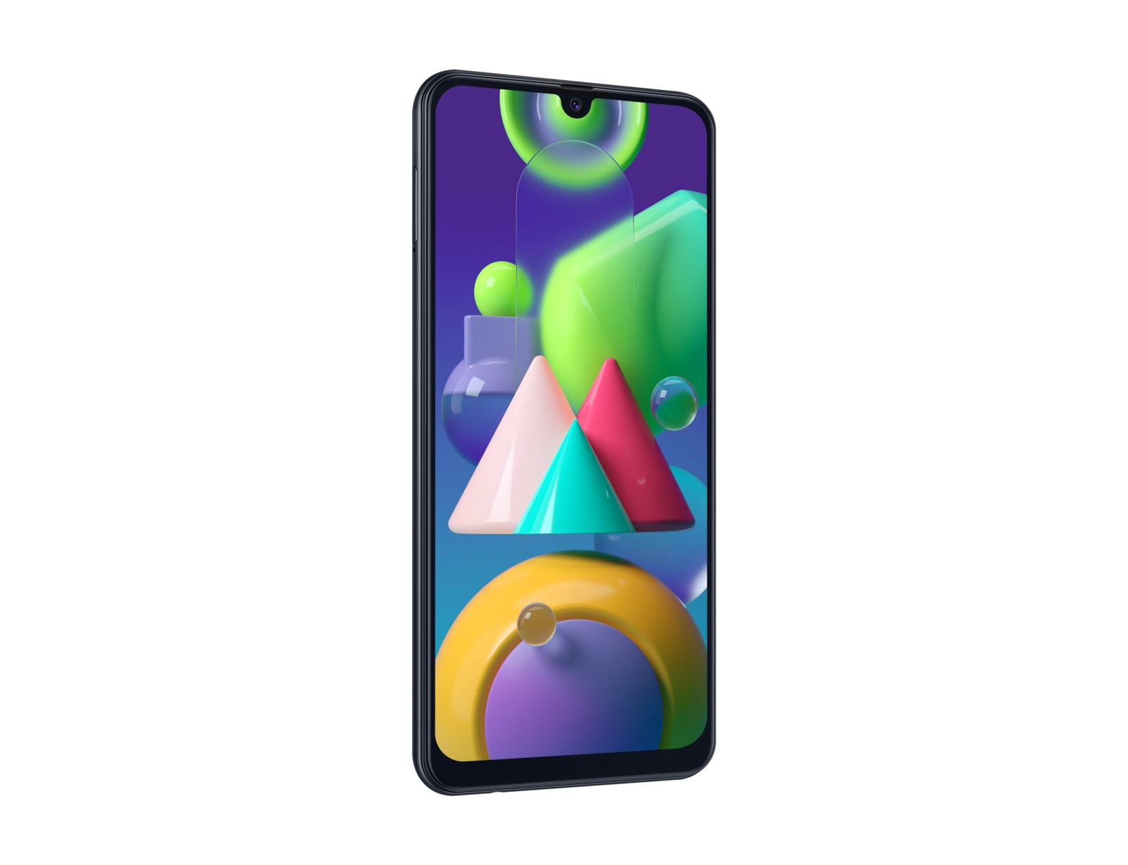 Uno smartphone con un design astratto colorato sullo schermo. Il telefono è blu scuro.