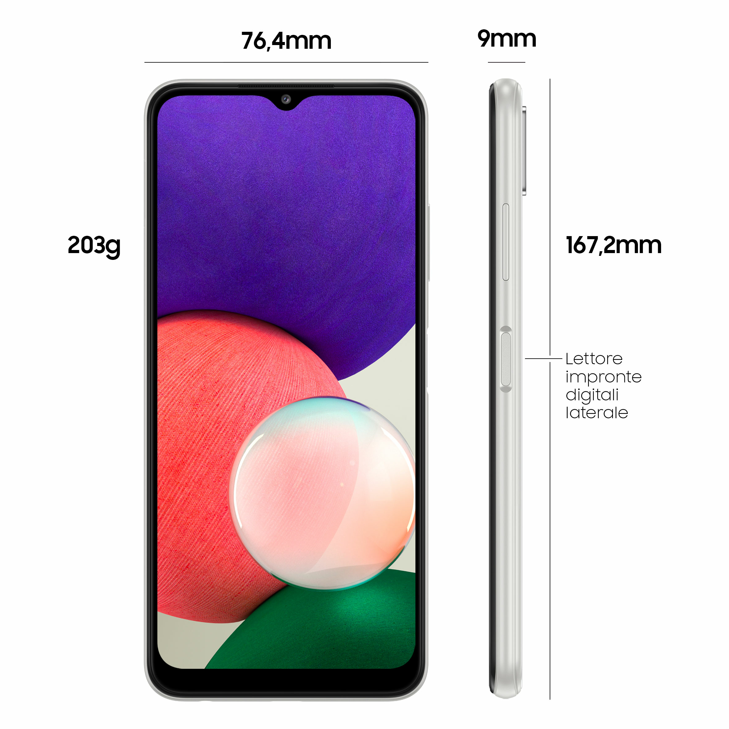 Wymiary telefonu: 203g, 76,4mm, 9mm, 167,2mm. Tekst: boczny czytnik linii papilarnych.