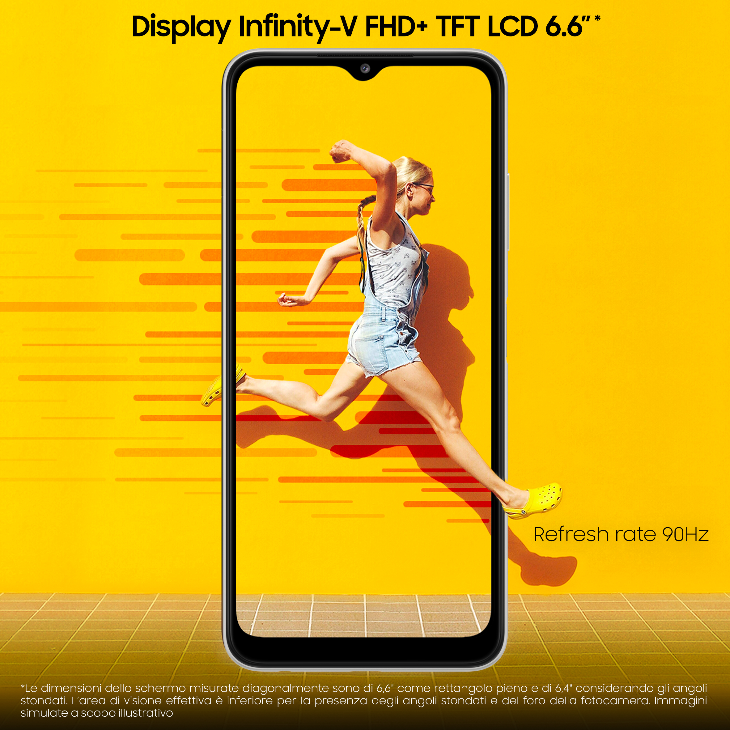 Ekran telefonu z biegnącą kobietą. Żółte tło z tekstem wyświetlacza i częstotliwości odświeżania.