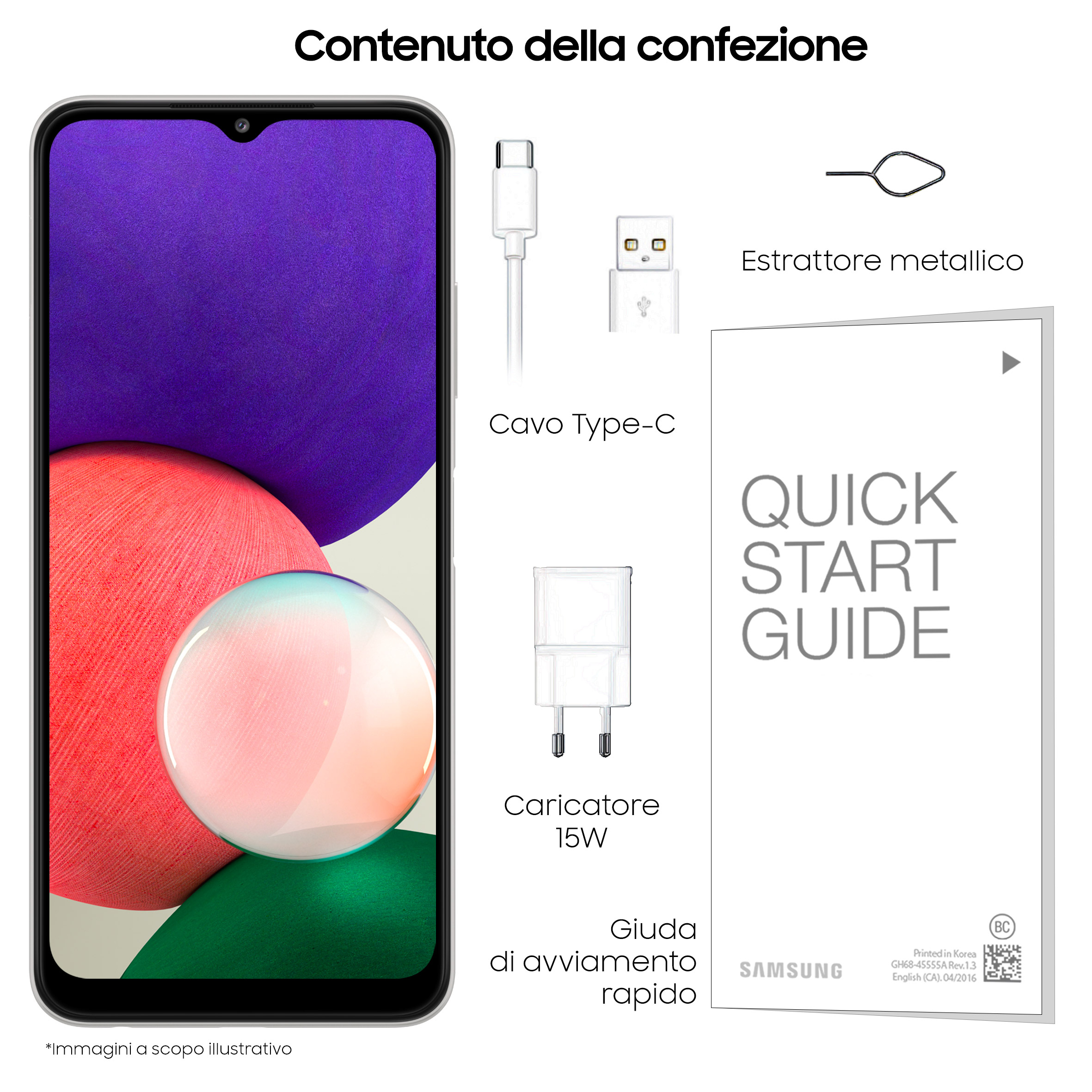 Zawartość smartfona: ładowarka, kabel, szpilka do wysuwania i krótki przewodnik. Czyste, białe tło.