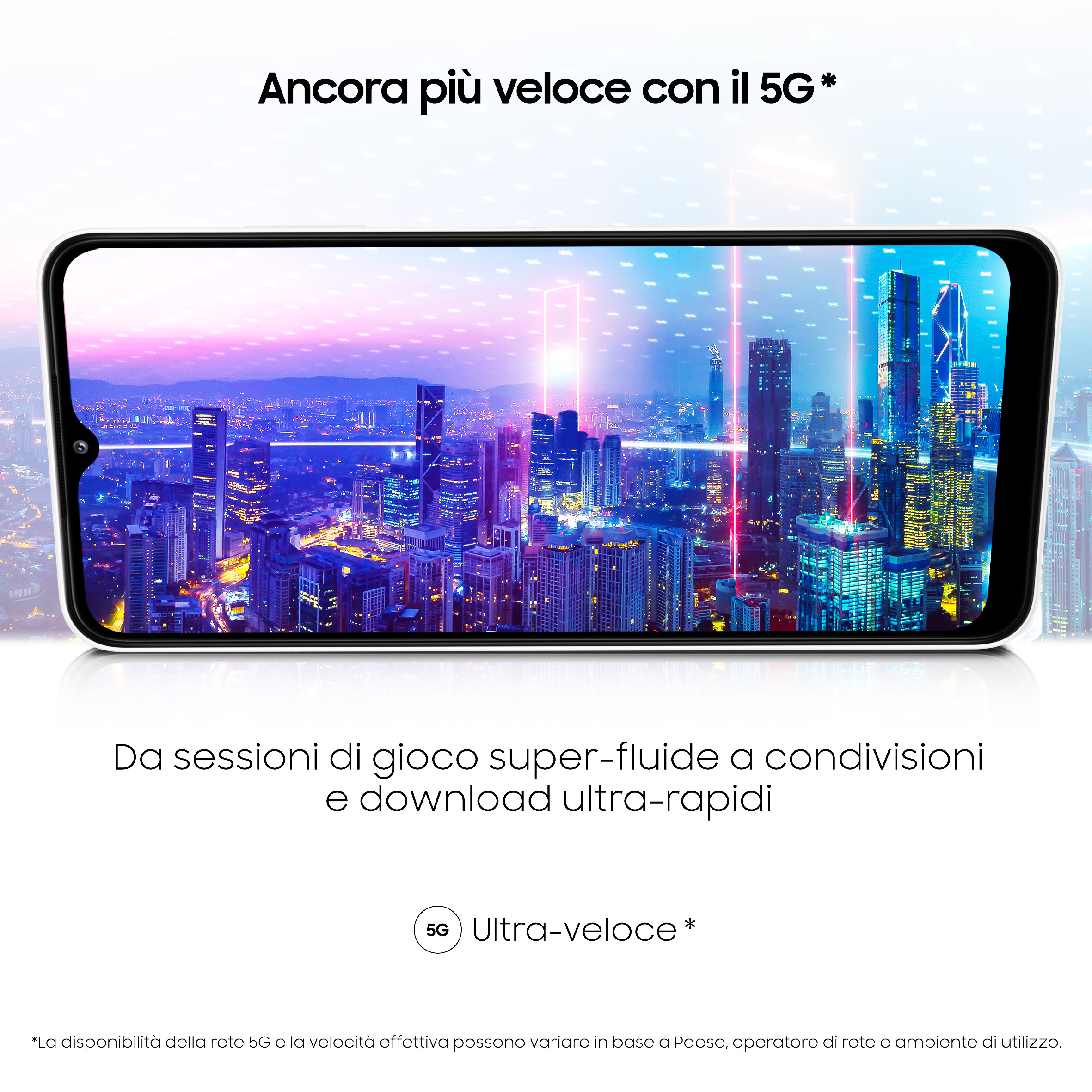 Smartfon wyświetla panoramę miasta. Tekst promuje 5G. Nacisk na szybkie pobieranie i granie.