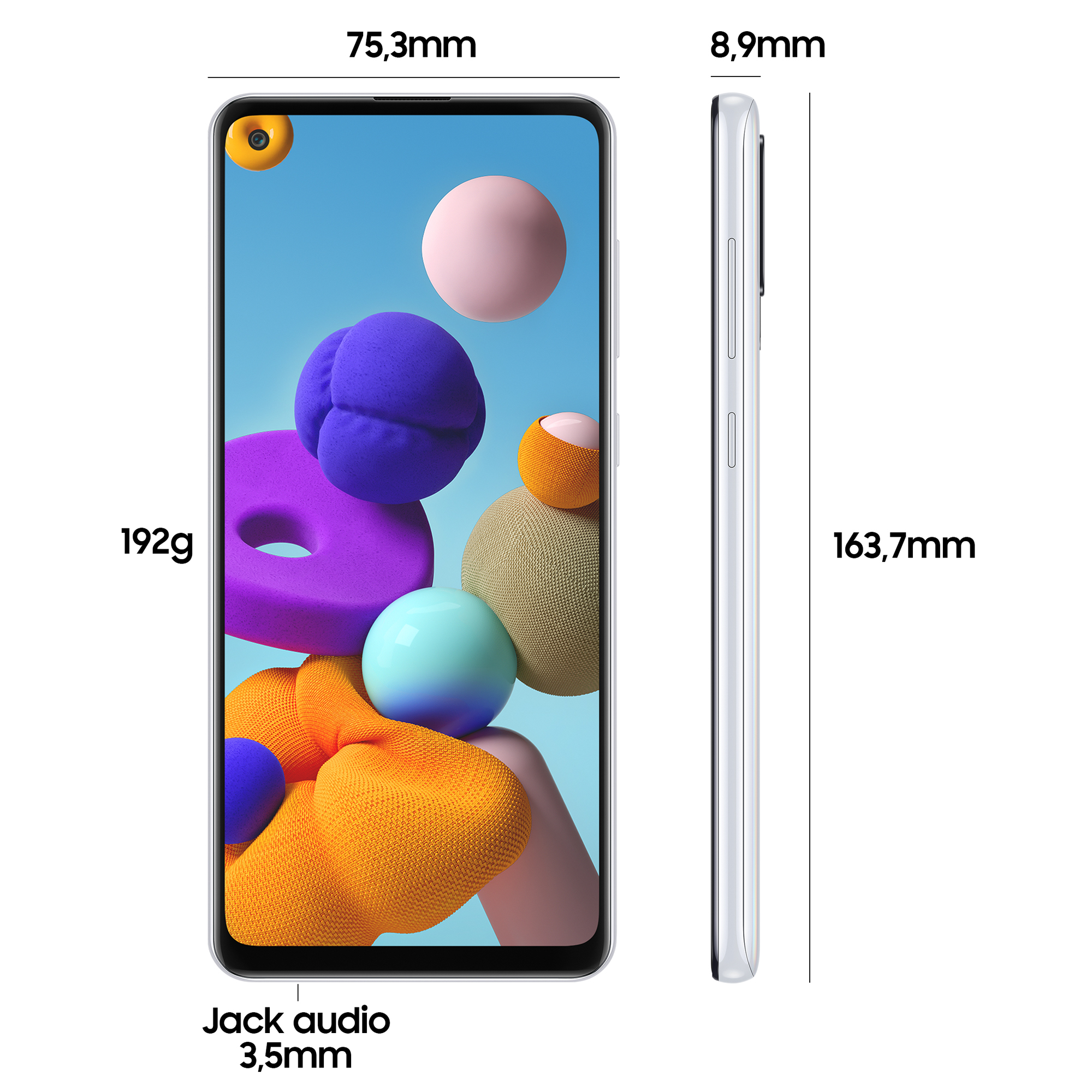 Telefon z abstrakcyjnym wzorem 3D na ekranie. Adnotacje wymiarów i wagi. Biały telefon.