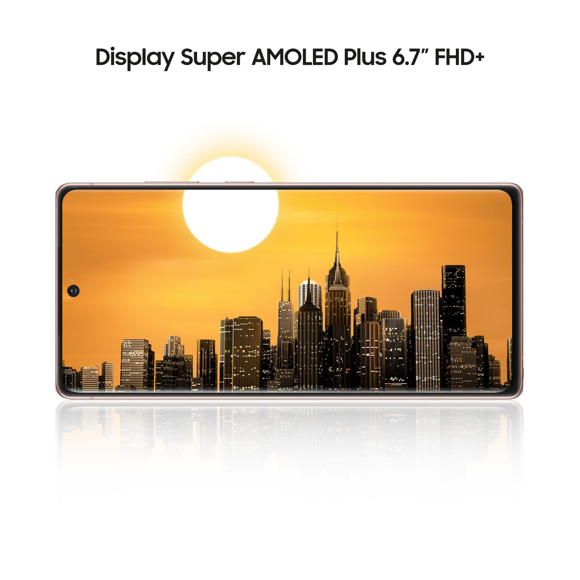 Telefonbildschirm mit Skyline und Sonne. Orange und Gelb dominieren.